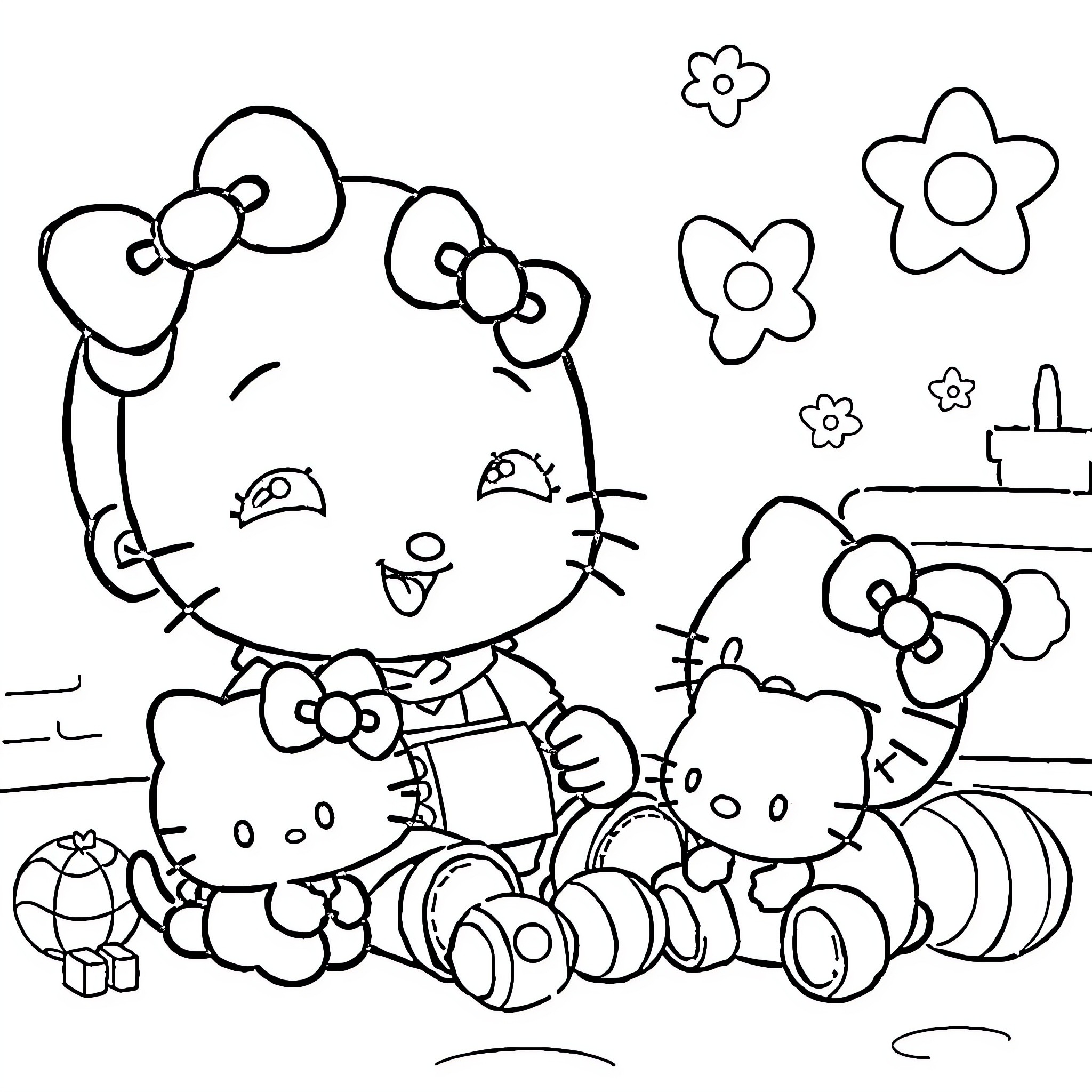 Karomi and Hello Kitty playing with toys Coloring Page (free black-and-white line drawing printable PDF for all, from beginners to advanced learners, including children, teens, adults, and seniors)