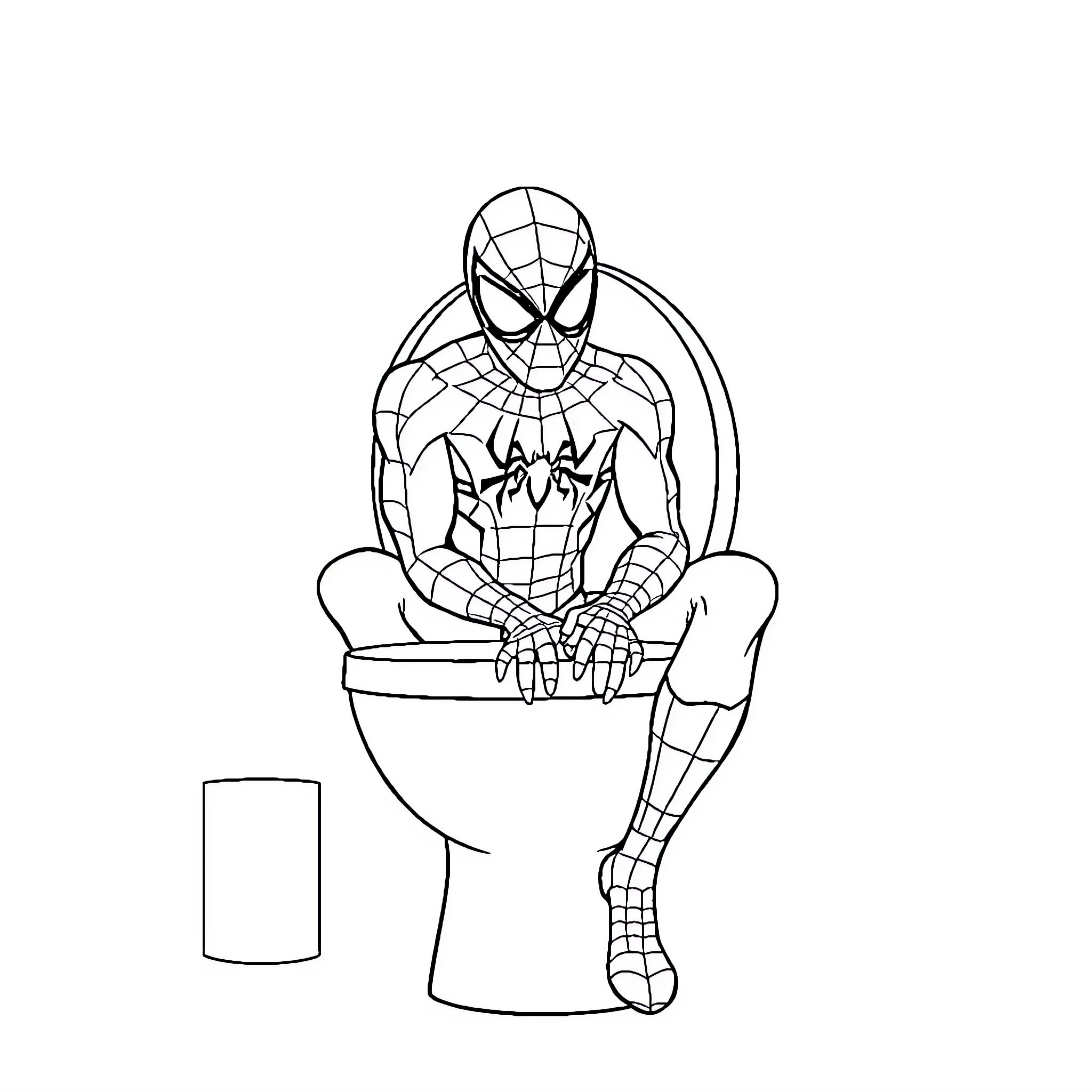Spiderman sitting on a toilet Coloring Page (free black-and-white line drawing printable PDF for all, from beginners to advanced learners, including children, teens, adults, and seniors)