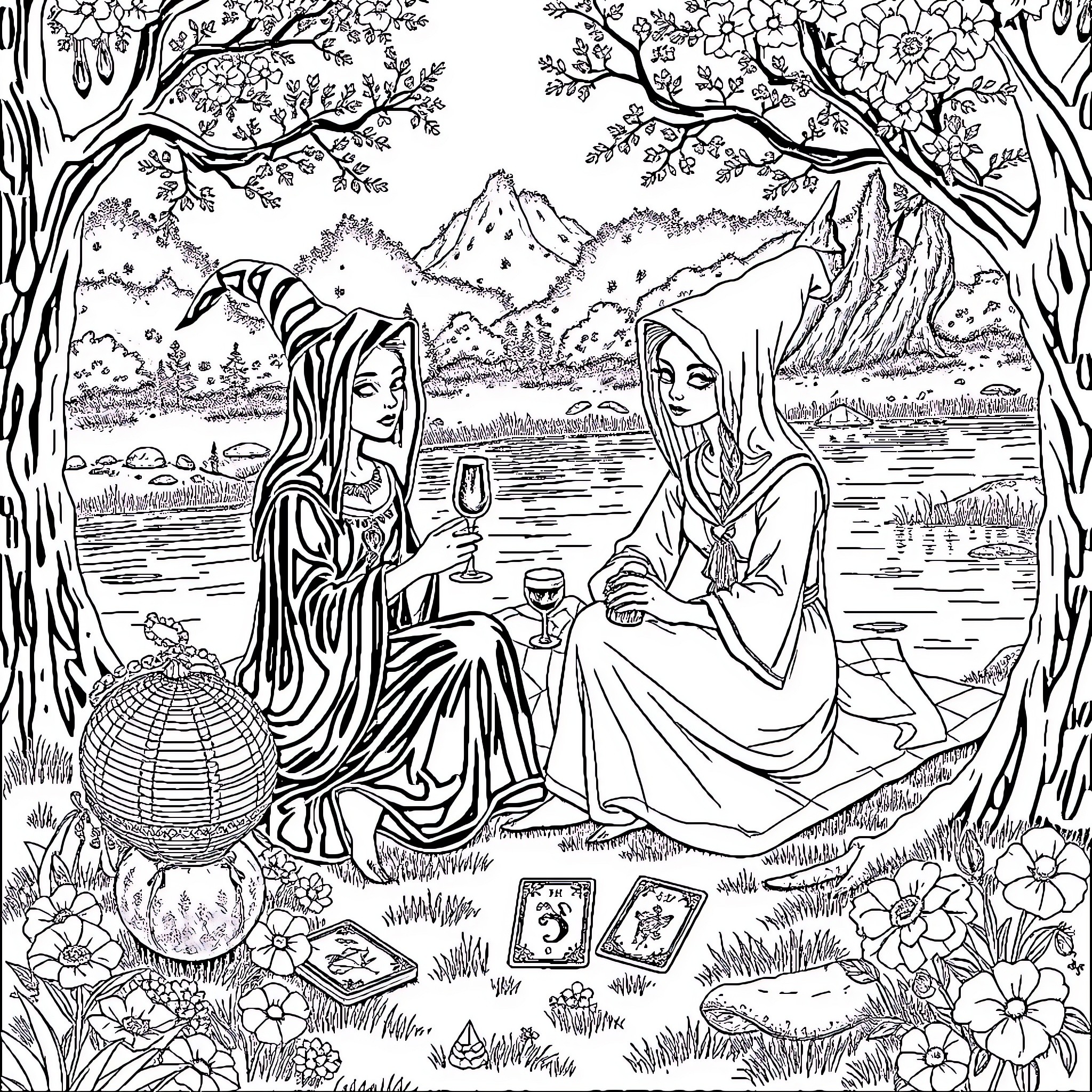 Bruja Enchantresses Gather in the Forest Coloring Page (free black-and-white line drawing printable PDF for all, from beginners to advanced learners, including children, teens, adults, and seniors)