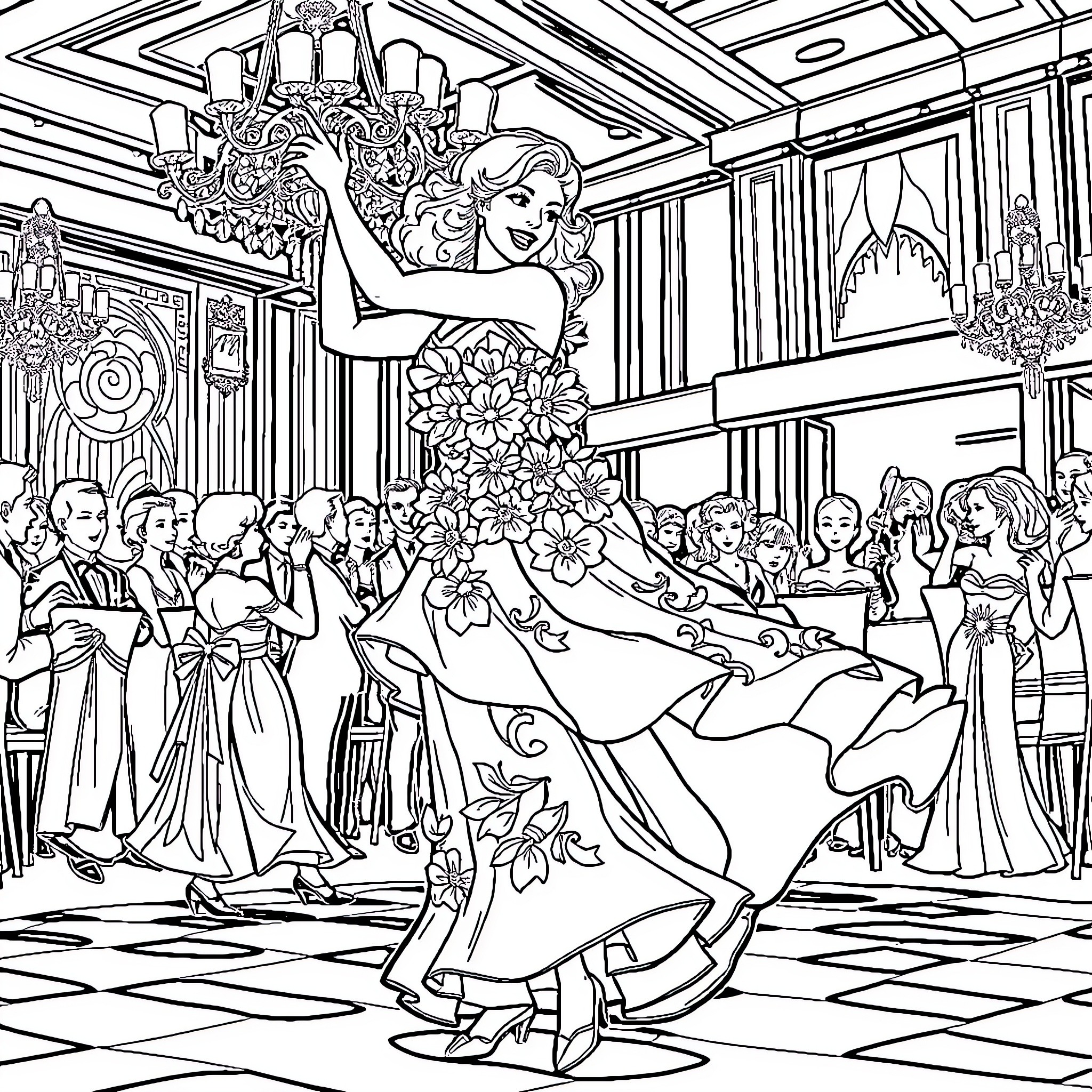 Woman in elegant dress dancing at formal event Coloring Page (free black-and-white line drawing printable PDF for all, from beginners to advanced learners, including children, teens, adults, and seniors)