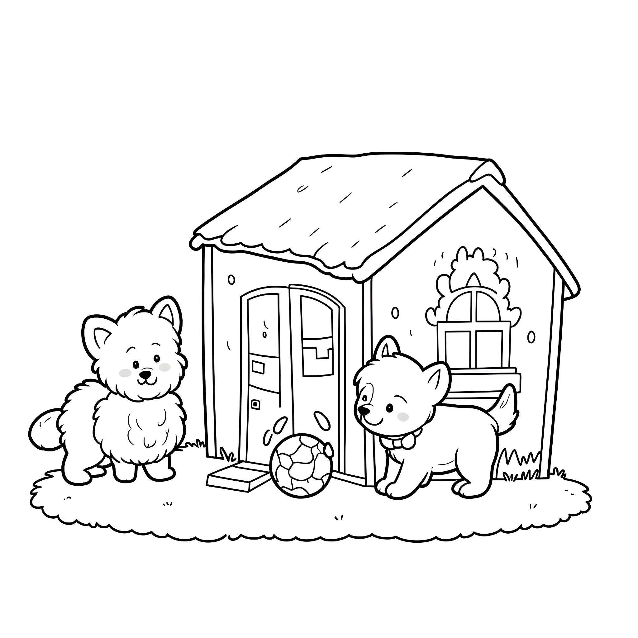 Dollhouse with playful puppies outside Coloring Page (free black-and-white line drawing printable PDF for all, from beginners to advanced learners, including children, teens, adults, and seniors)