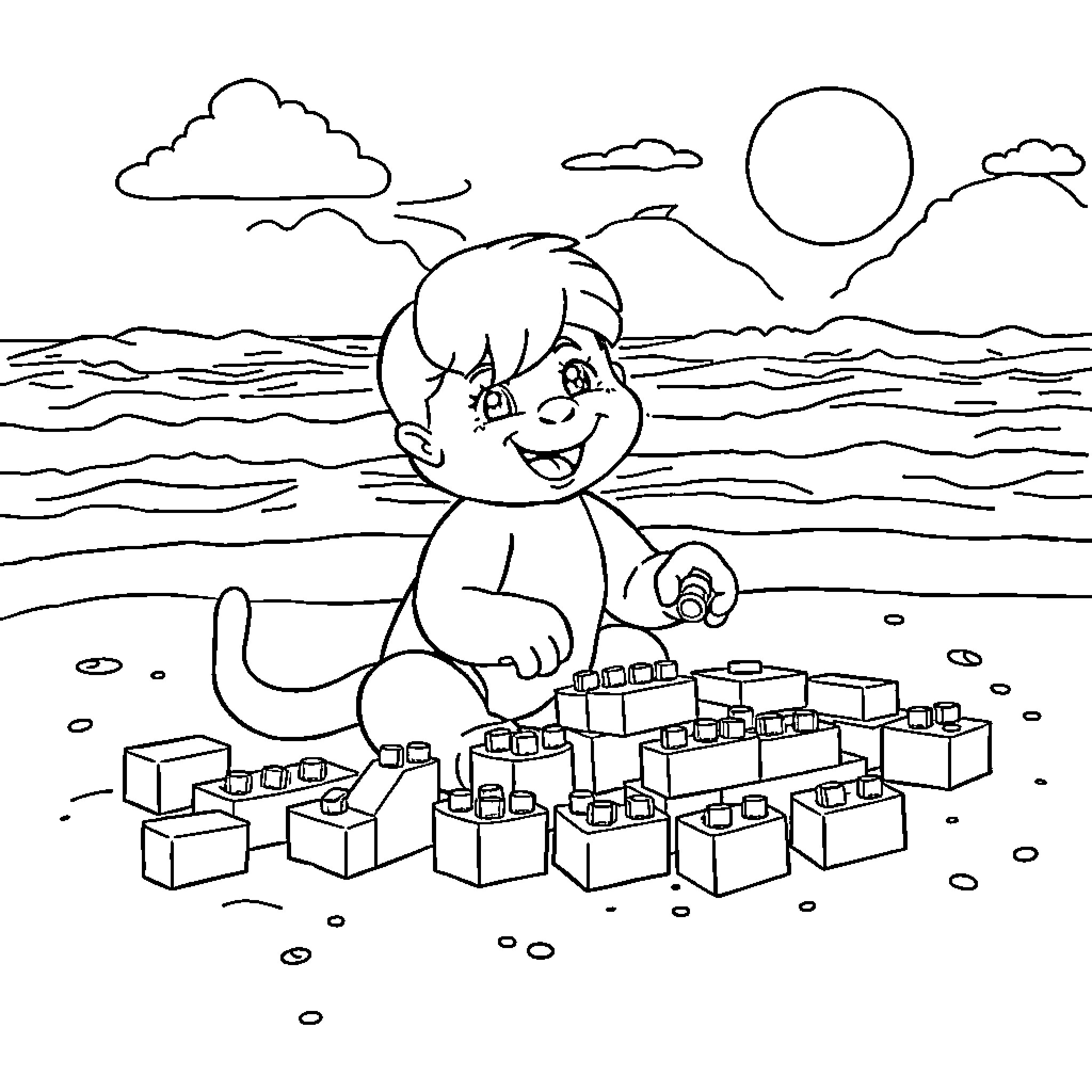 Huntrix Plays with Building Blocks on the Beach Coloring Page (free black-and-white line drawing printable PDF for all, from beginners to advanced learners, including children, teens, adults, and seniors)