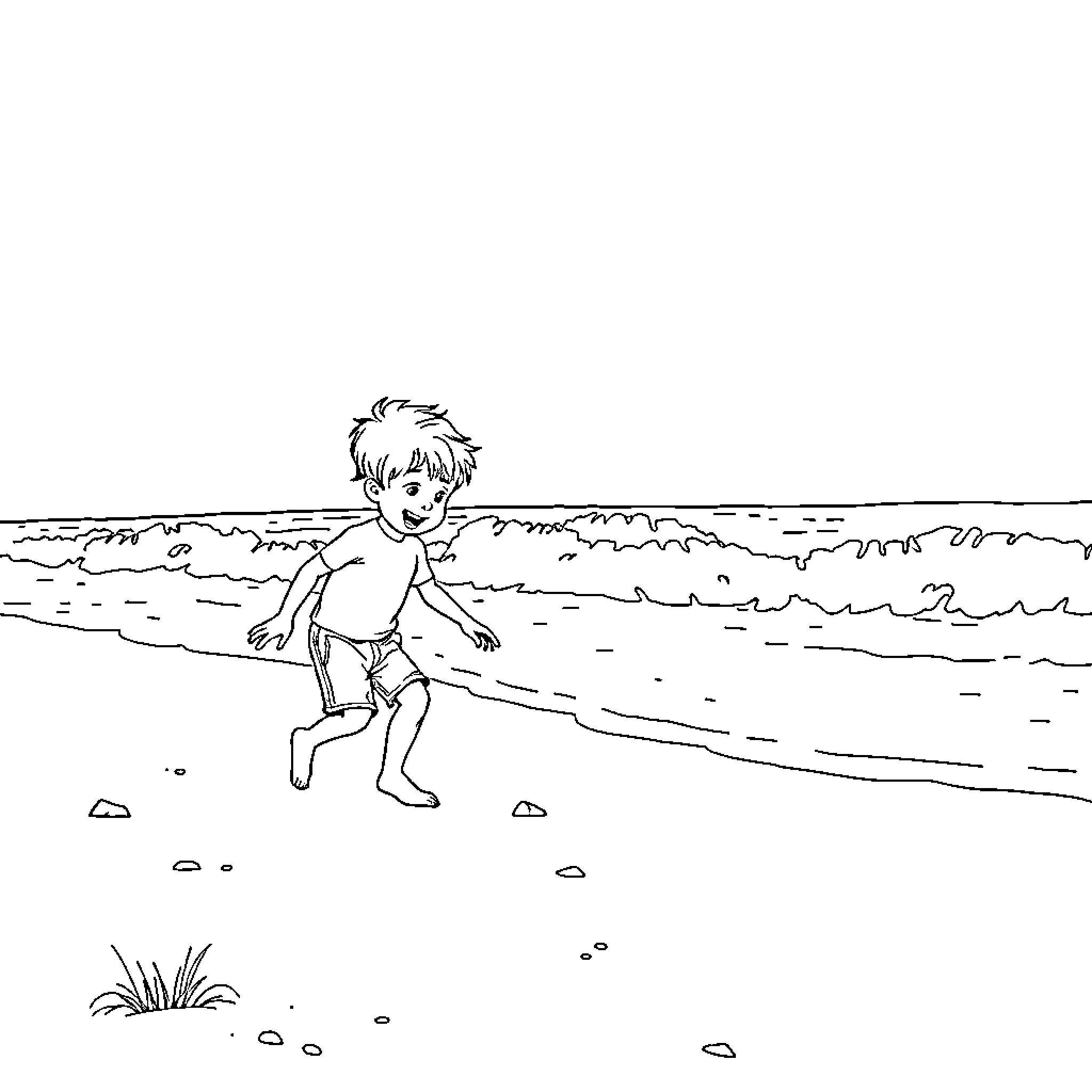 Child playing joyfully on the beach Coloring Page (free black-and-white line drawing printable PDF for all, from beginners to advanced learners, including children, teens, adults, and seniors)