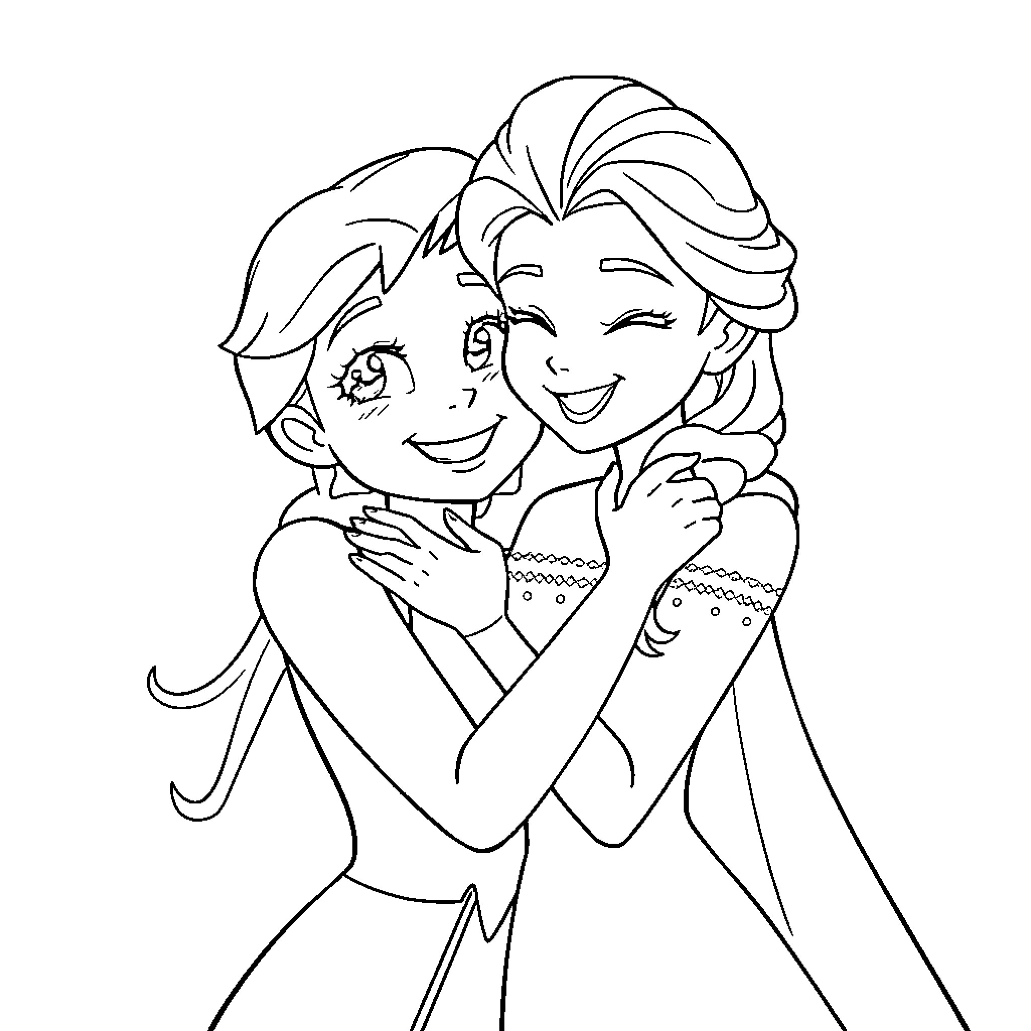 Mirabel Hugging and Smiling Joyfully Coloring Page (free black-and-white line drawing printable PDF for all, from beginners to advanced learners, including children, teens, adults, and seniors)
