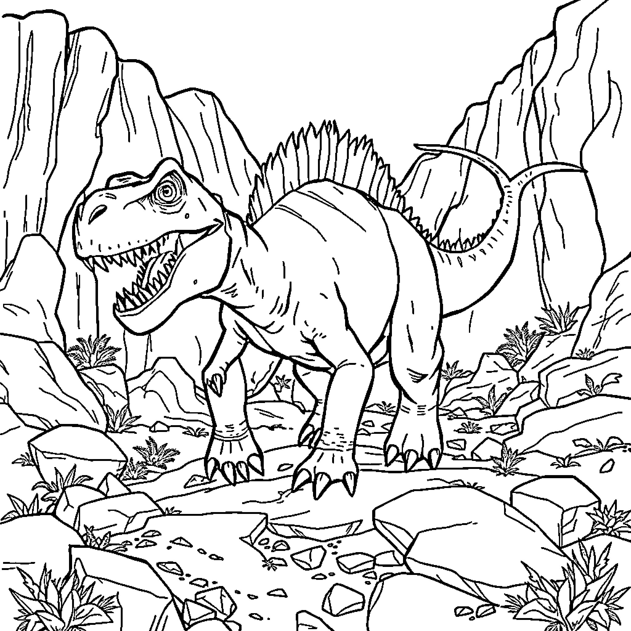 Ceratosaurus roaming prehistoric rocky landscape Coloring Page (free black-and-white line drawing printable PDF for all, from beginners to advanced learners, including children, teens, adults, and seniors)
