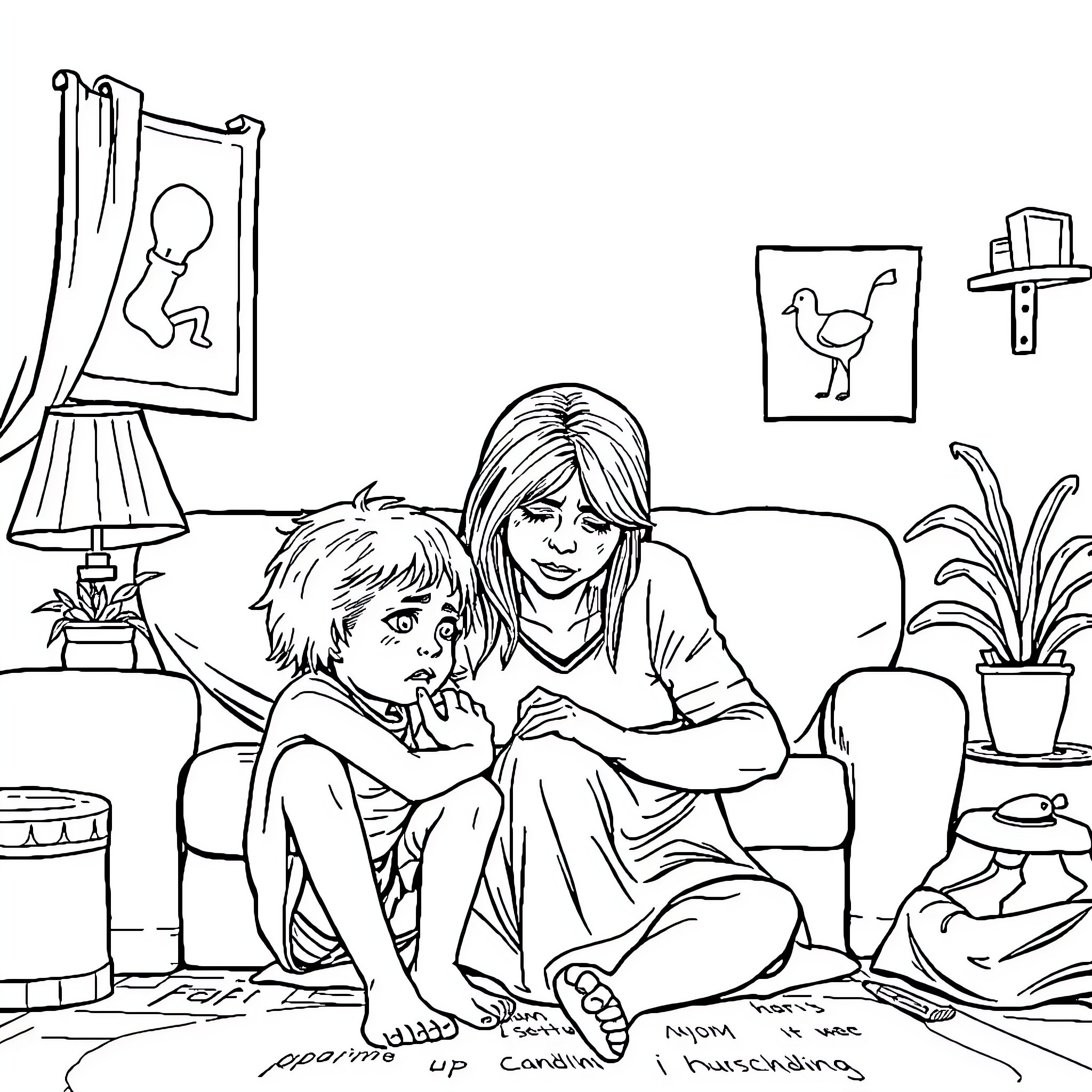 Mom comforting child in cozy home setting Coloring Page (free black-and-white line drawing printable PDF for all, from beginners to advanced learners, including children, teens, adults, and seniors)
