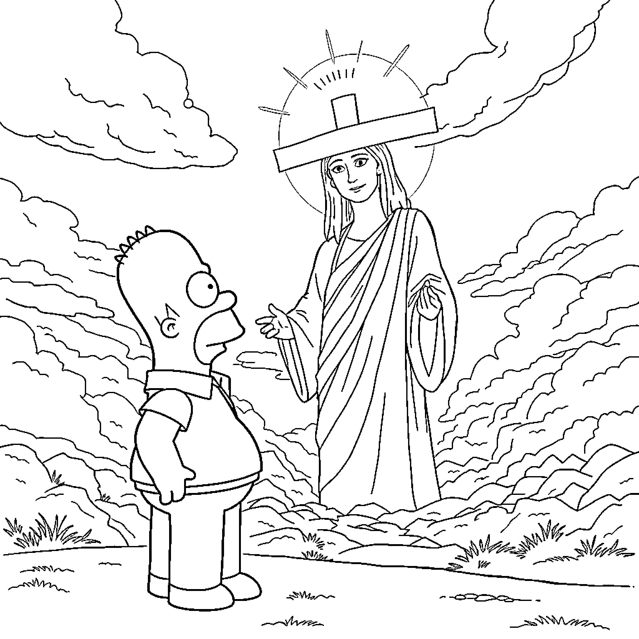 Homer Simpson's Encounter with a Heavenly Figure Coloring Page (free black-and-white line drawing printable PDF for all, from beginners to advanced learners, including children, teens, adults, and seniors)