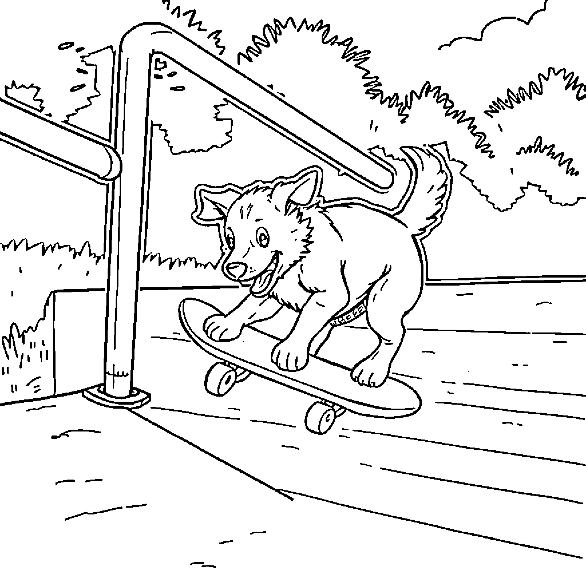 Dog riding skateboard outside Coloring Page (free black-and-white line drawing printable PDF for all, from beginners to advanced learners, including children, teens, adults, and seniors)