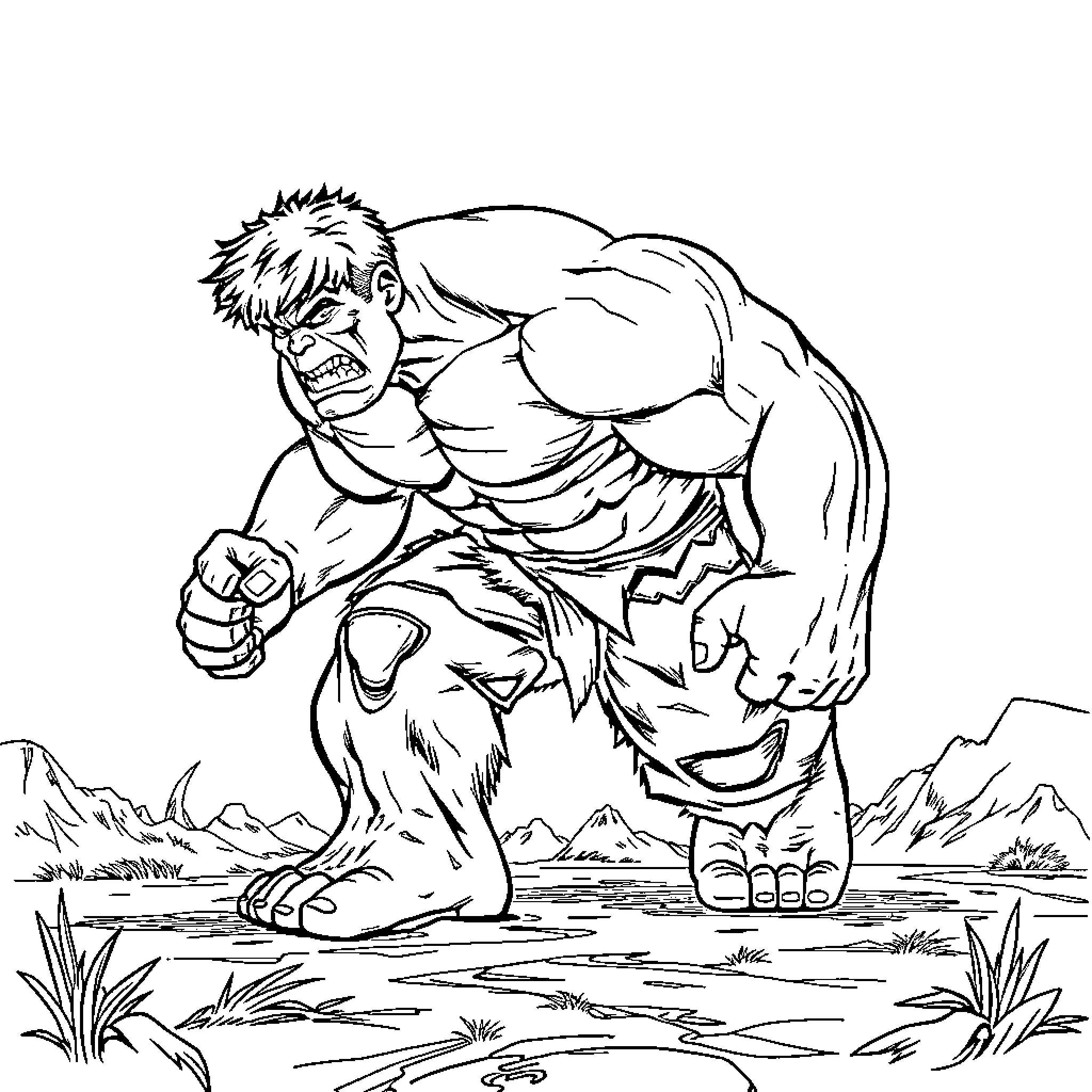 Hulk Rampaging through Rugged Terrain Coloring Page (free black-and-white line drawing printable PDF for all, from beginners to advanced learners, including children, teens, adults, and seniors)
