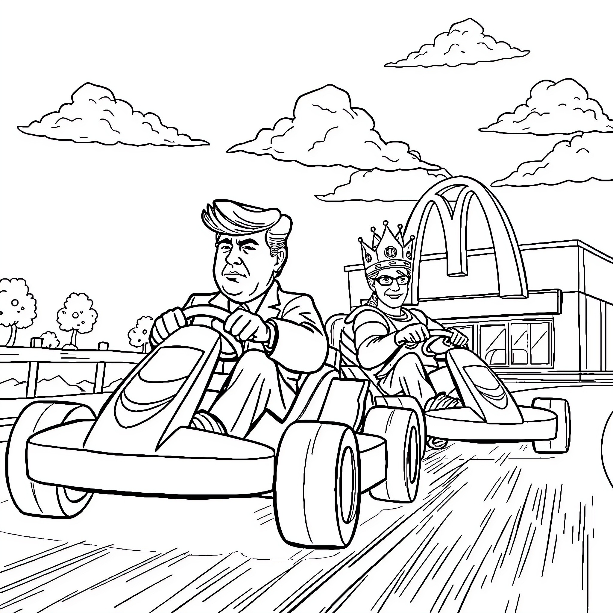 Donald Trump and friend racing go-karts at McDonald's Coloring Page (free black-and-white line drawing printable PDF for all, from beginners to advanced learners, including children, teens, adults, and seniors)