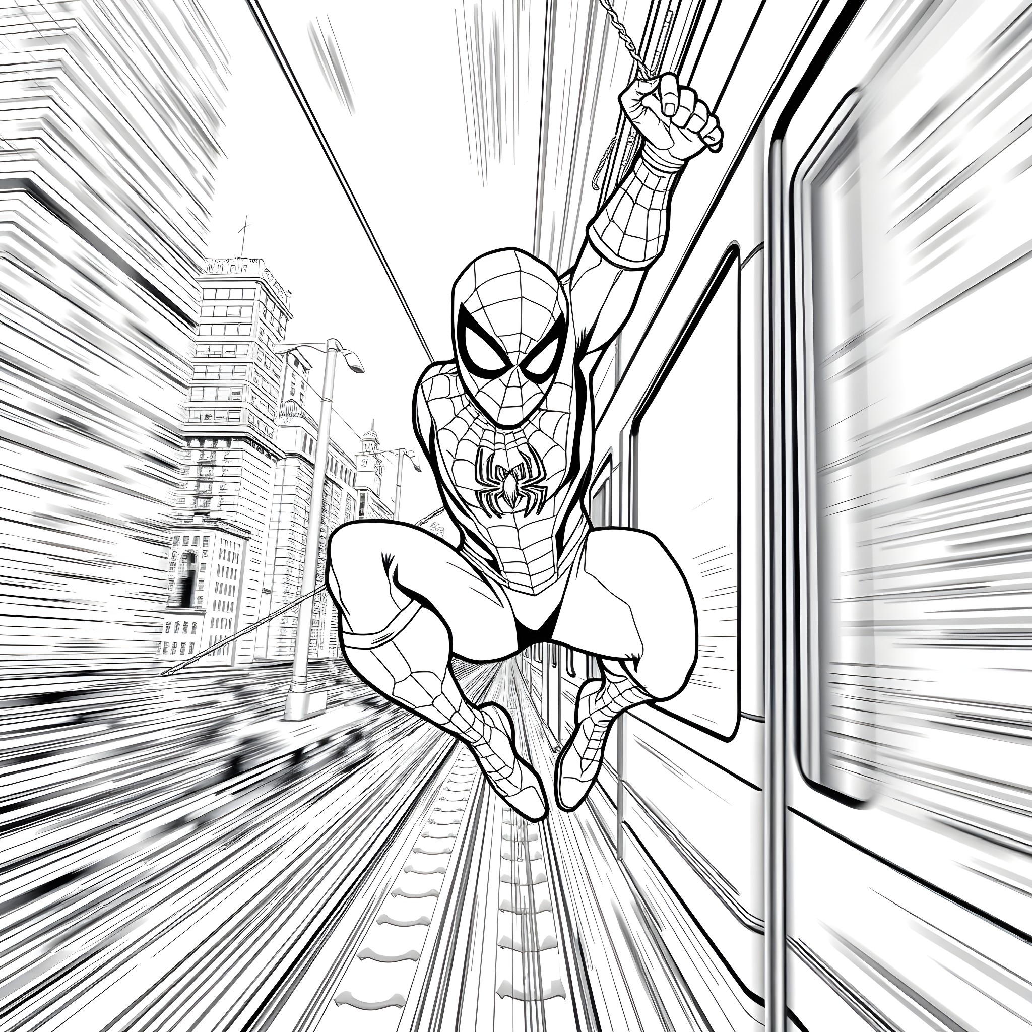 Spiderman swinging through the city in action Coloring Page (free black-and-white line drawing printable PDF for all, from beginners to advanced learners, including children, teens, adults, and seniors)