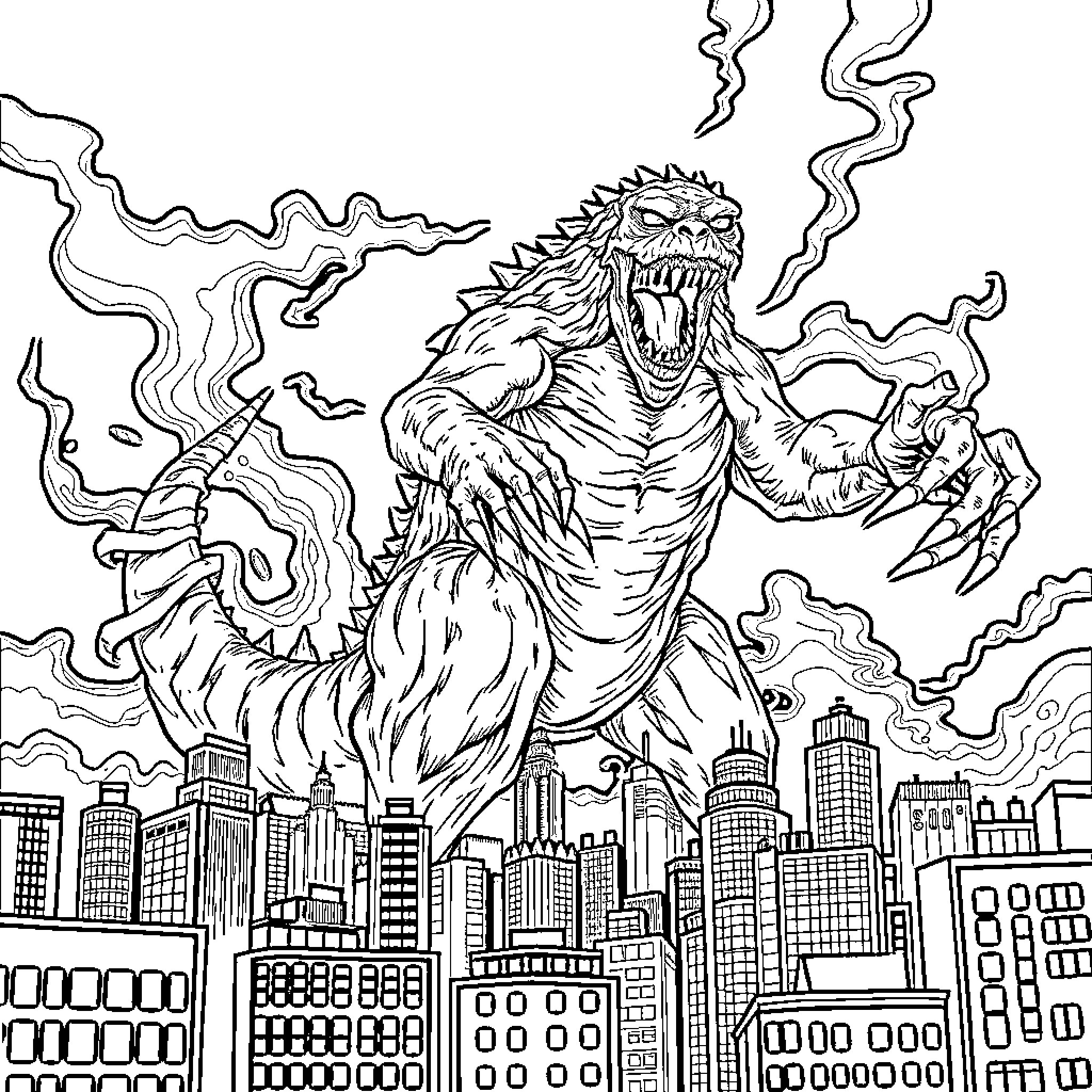 Monster Rampaging Through City Skyline Coloring Page (free black-and-white line drawing printable PDF for all, from beginners to advanced learners, including children, teens, adults, and seniors)