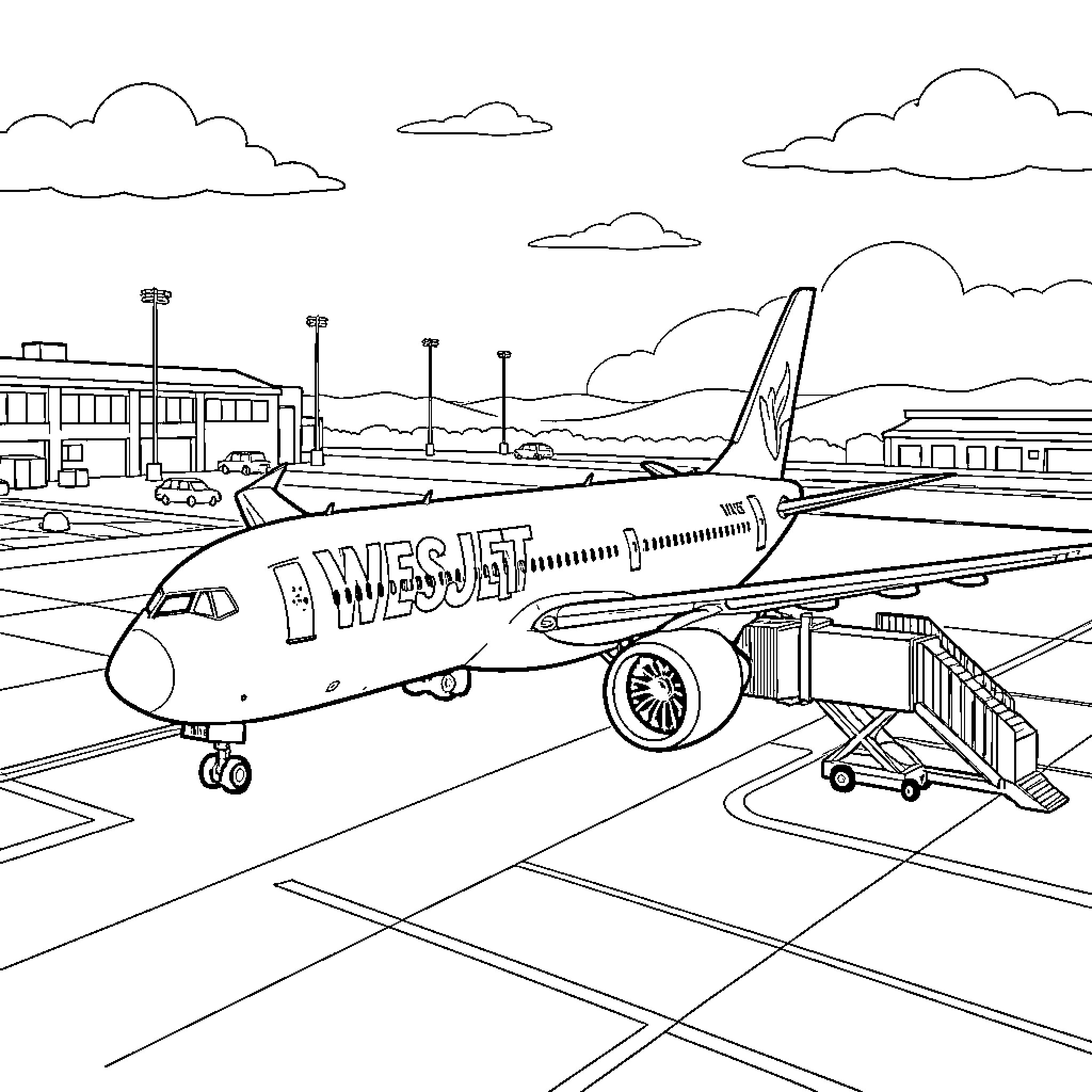Wesjet 787 parked on the airport tarmac Coloring Page (free black-and-white line drawing printable PDF for all, from beginners to advanced learners, including children, teens, adults, and seniors)