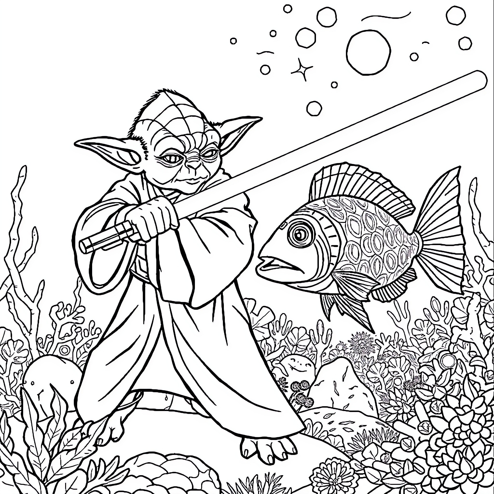 Yoda swimming and fishing with a colorful fish Coloring Page (free black-and-white line drawing printable PDF for all, from beginners to advanced learners, including children, teens, adults, and seniors)