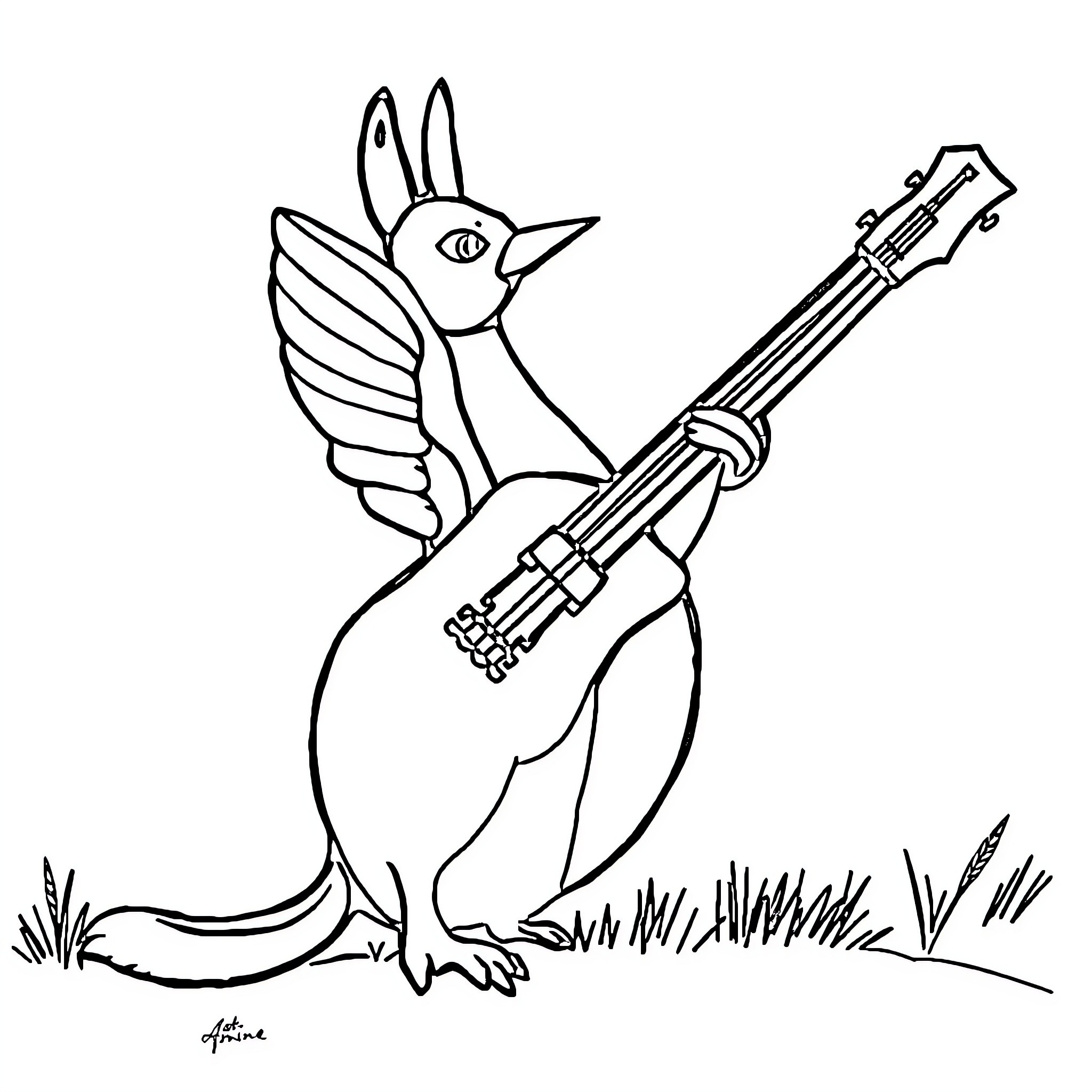 Generator Bird playing with Futuristic Instrument Coloring Page (free black-and-white line drawing printable PDF for all, from beginners to advanced learners, including children, teens, adults, and seniors)