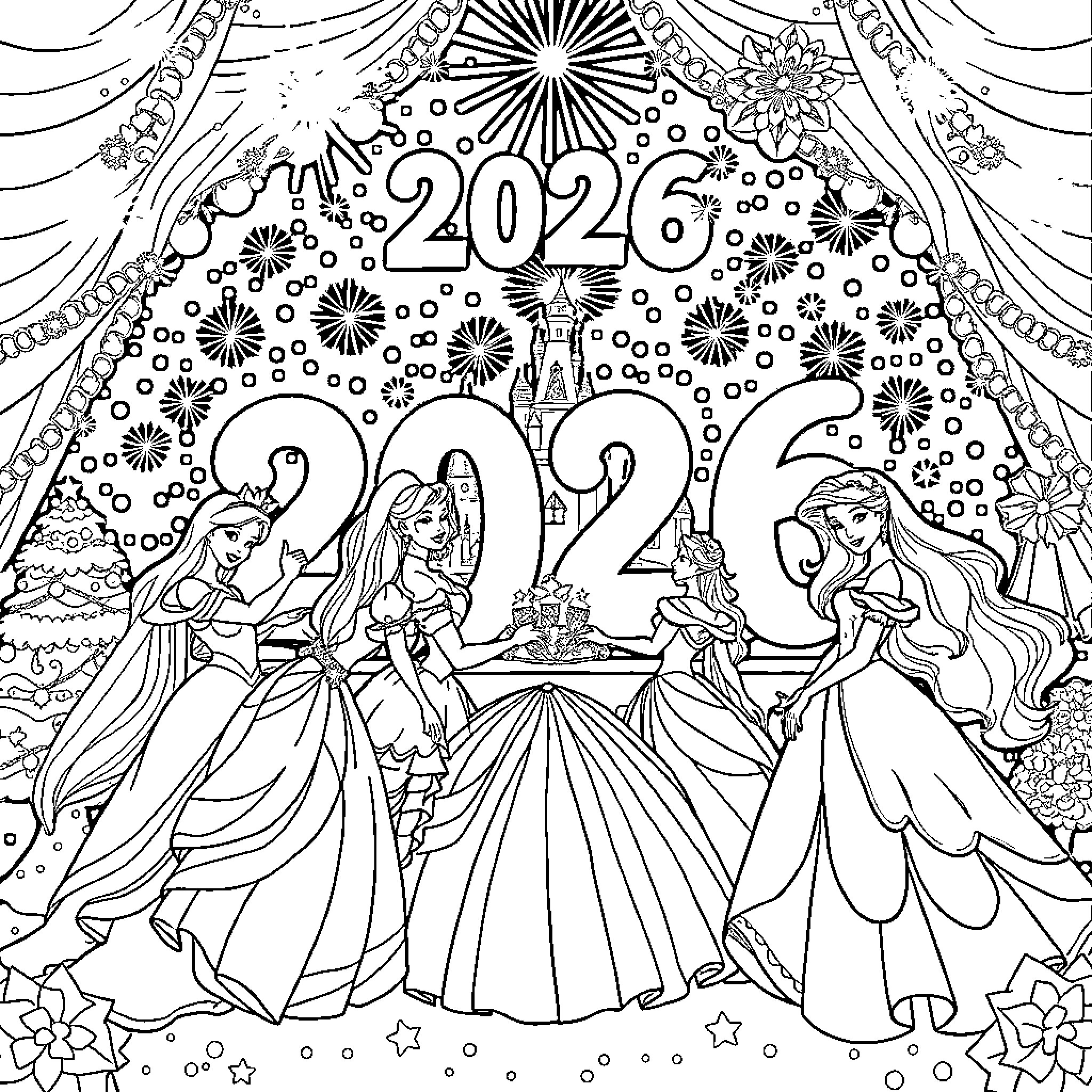 Disney Princesses Celebrating the New Year 2023 Coloring Page (free black-and-white line drawing printable PDF for all, from beginners to advanced learners, including children, teens, adults, and seniors)