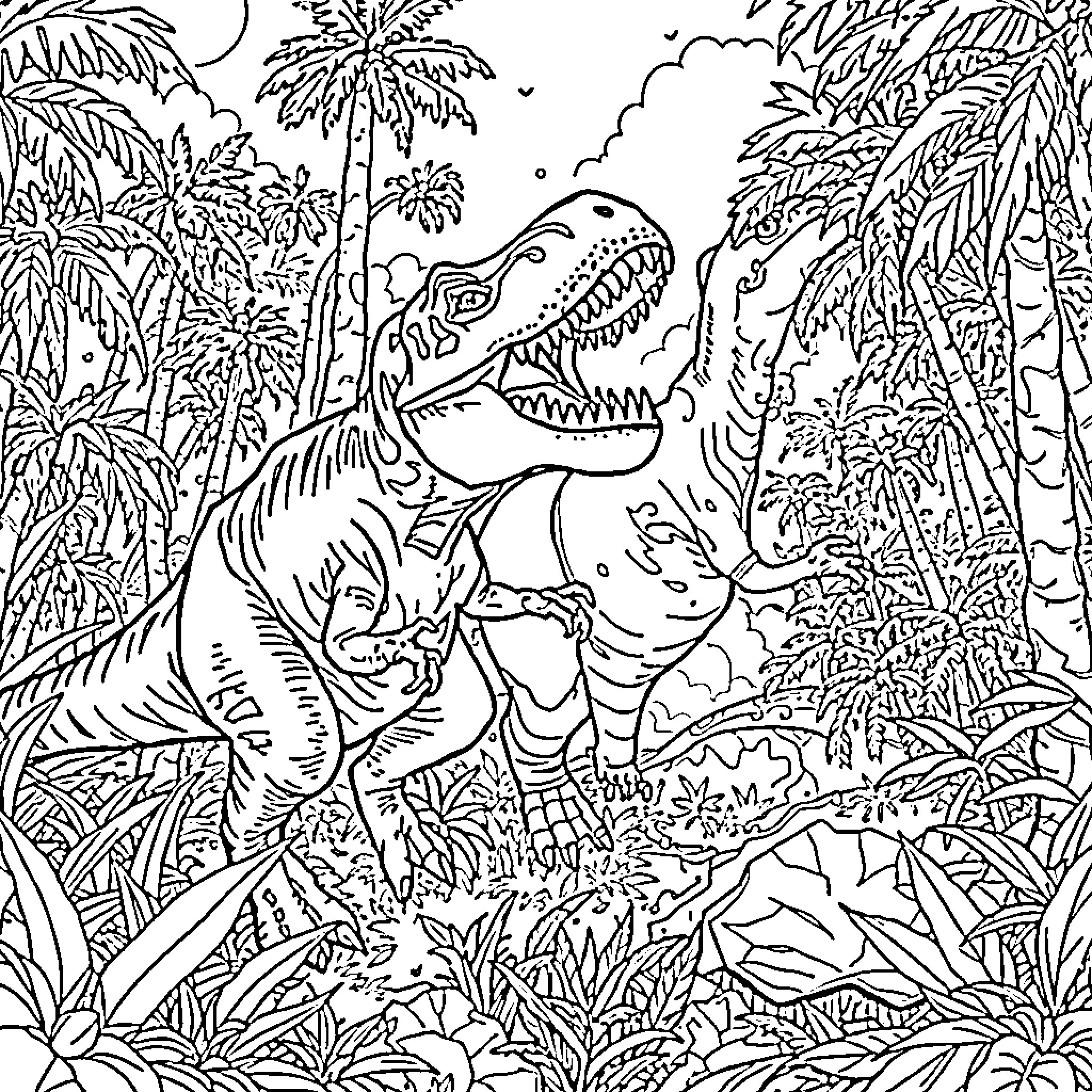 T-Rex Roaring in Lush Prehistoric Jungle Coloring Page (free black-and-white line drawing printable PDF for all, from beginners to advanced learners, including children, teens, adults, and seniors)