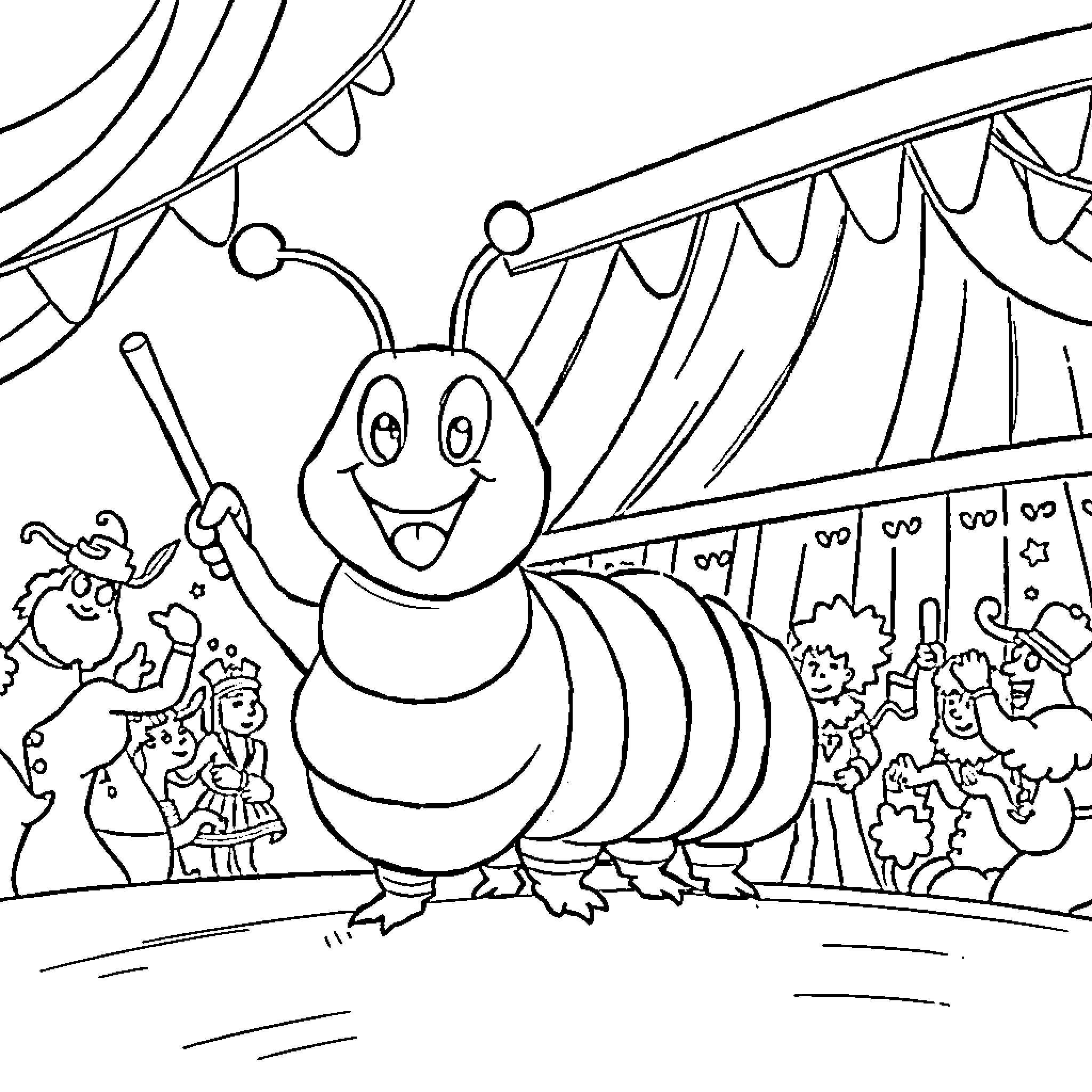Caterpillar performing in a circus show Coloring Page (free black-and-white line drawing printable PDF for all, from beginners to advanced learners, including children, teens, adults, and seniors)