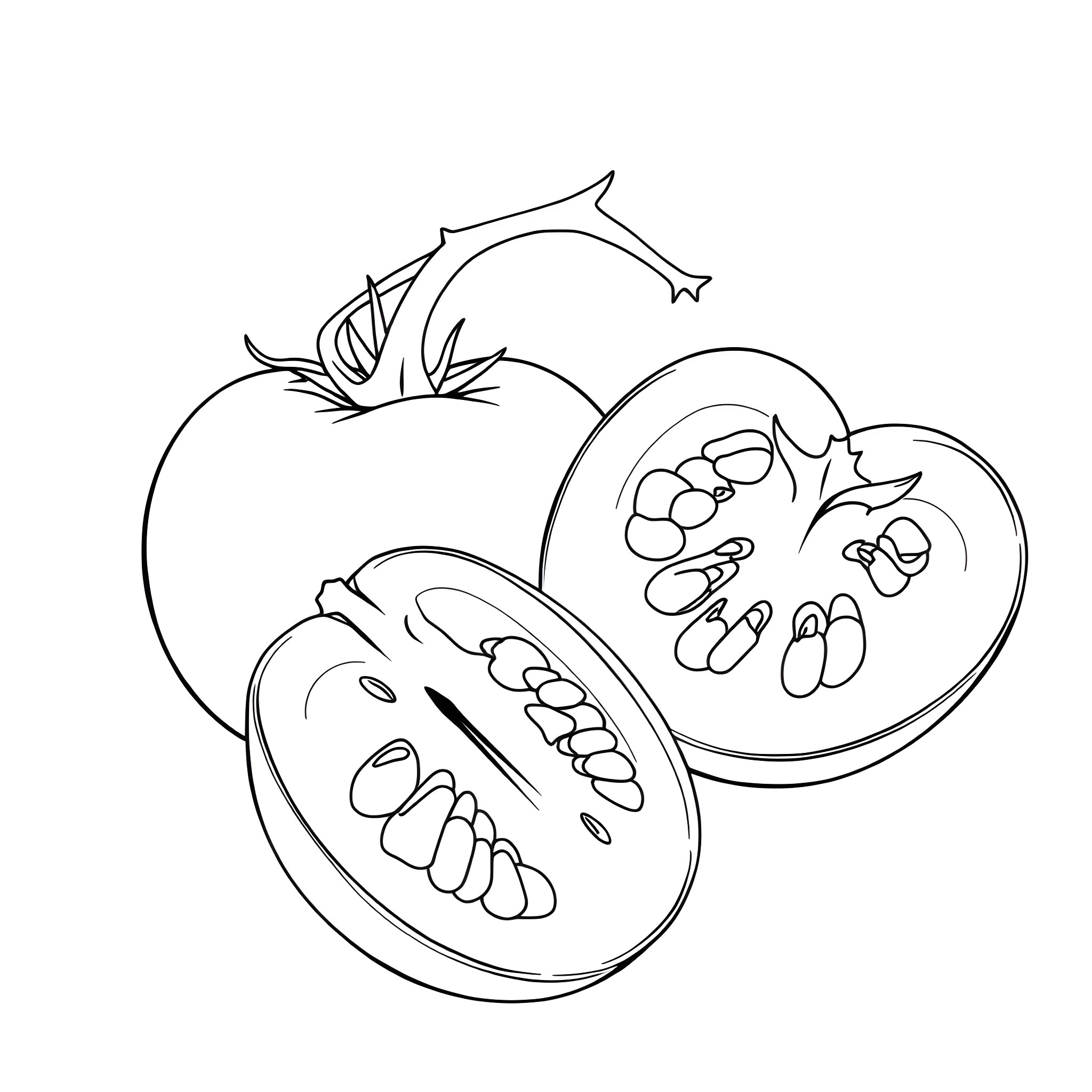 Tomato sliced in half revealing seeds Coloring Page (free black-and-white line drawing printable PDF for all, from beginners to advanced learners, including children, teens, adults, and seniors)