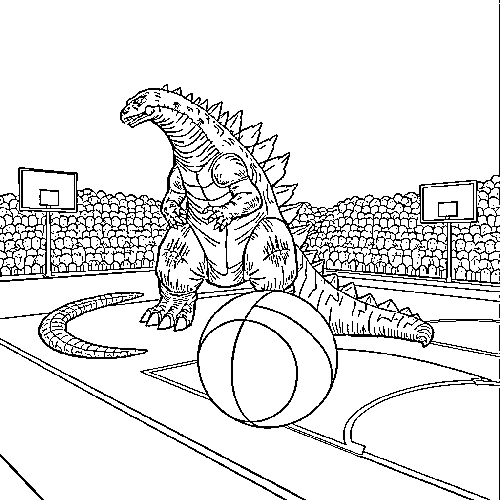 Godzilla playing basketball in the stadium Coloring Page (free black-and-white line drawing printable PDF for all, from beginners to advanced learners, including children, teens, adults, and seniors)