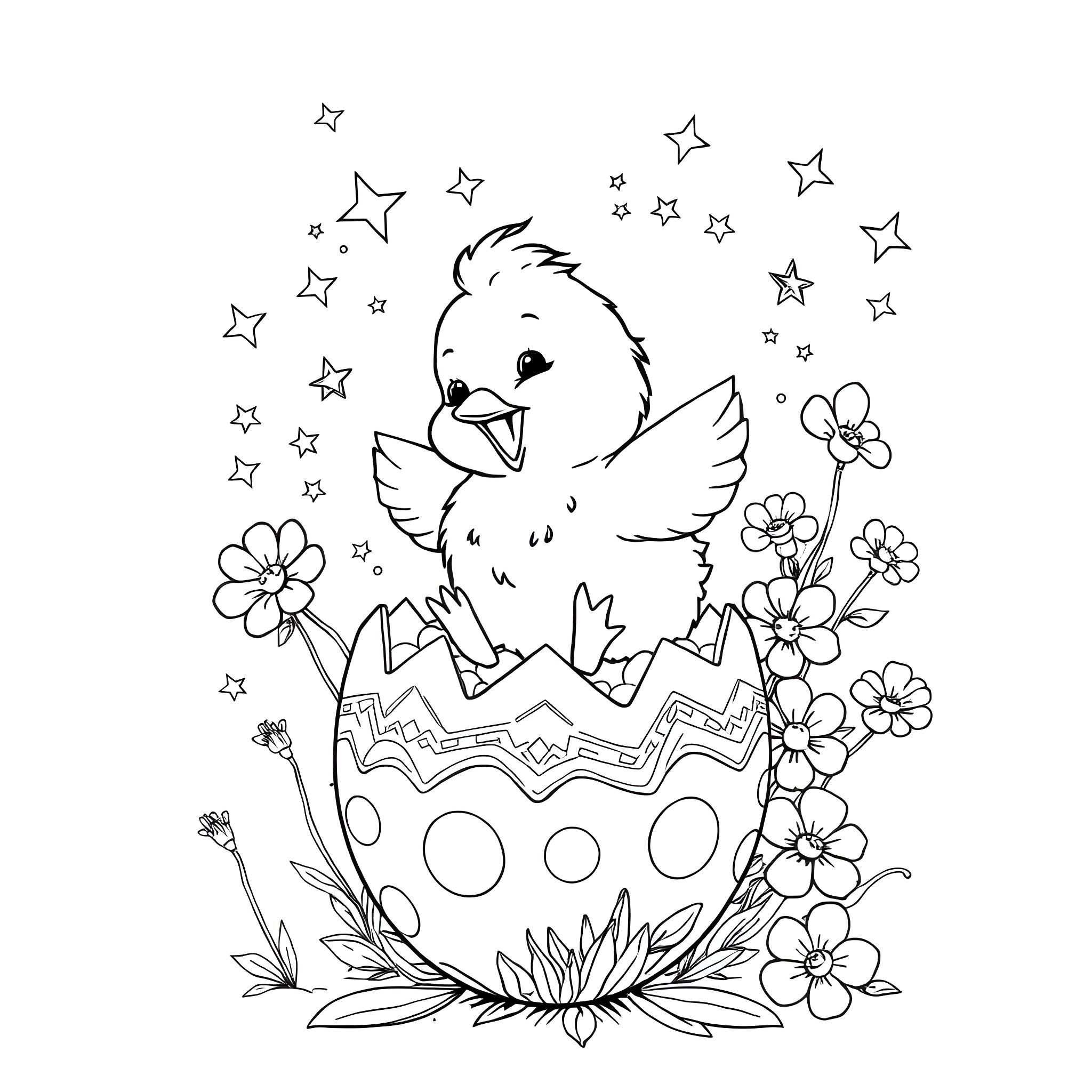 Chick hatching from egg with flowers Coloring Page (free black-and-white line drawing printable PDF for all, from beginners to advanced learners, including children, teens, adults, and seniors)