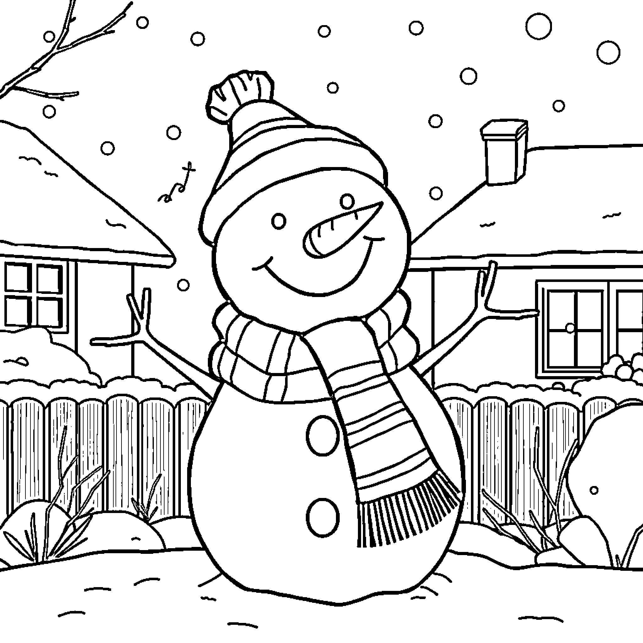 Snowman standing in a snowy winter scene Coloring Page (free black-and-white line drawing printable PDF for all, from beginners to advanced learners, including children, teens, adults, and seniors)