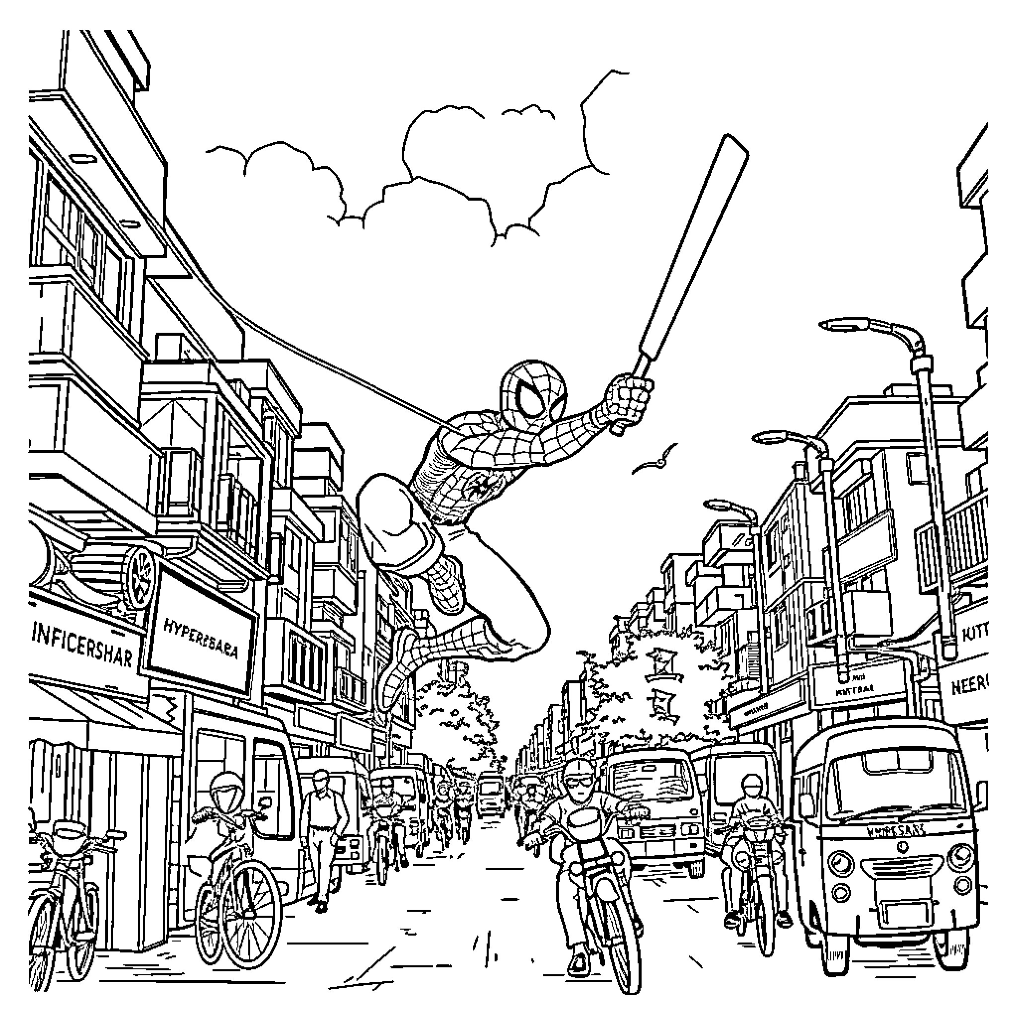Spider-Man swinging through the bustling city Coloring Page (free black-and-white line drawing printable PDF for all, from beginners to advanced learners, including children, teens, adults, and seniors)