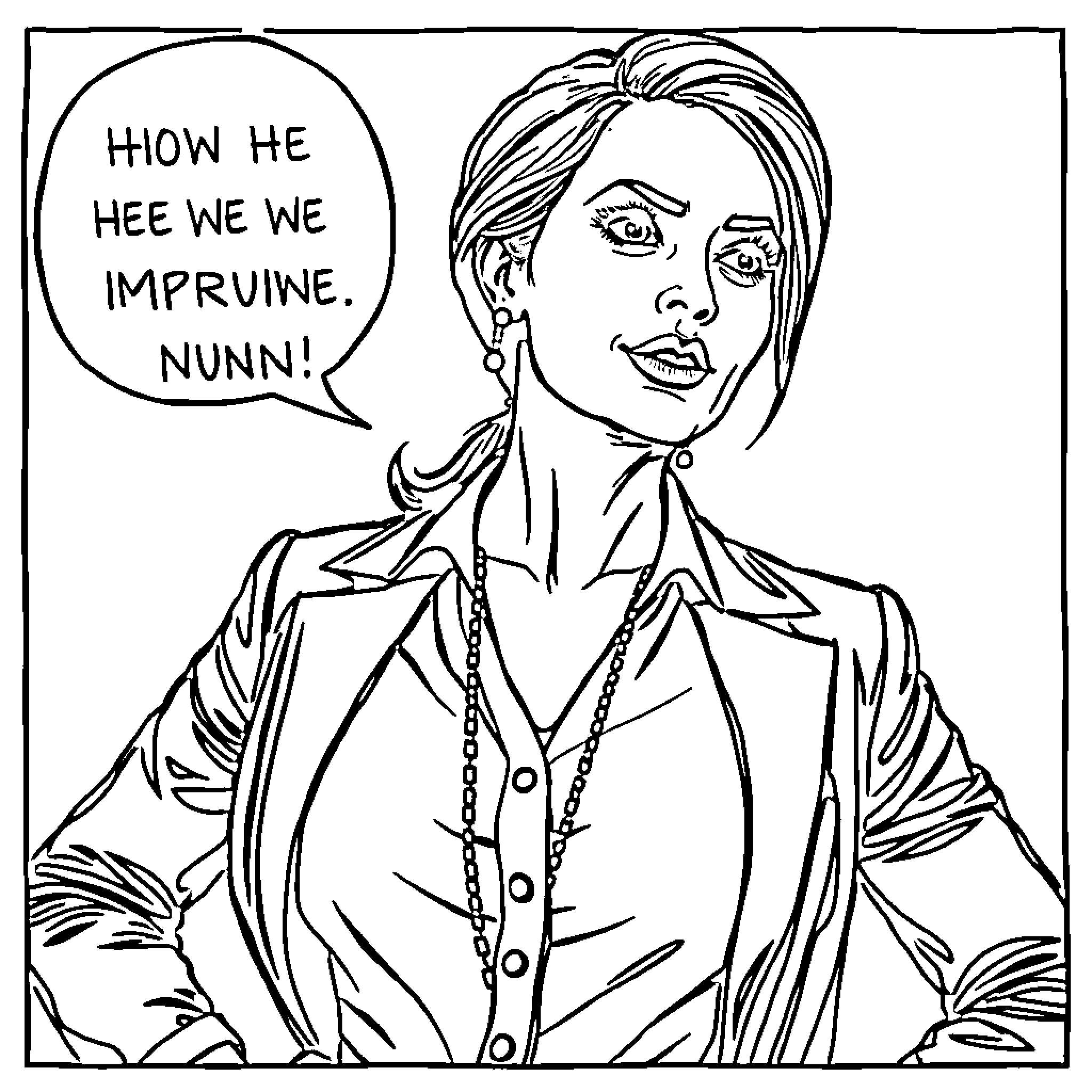 Lady speaking with an expression of surprise Coloring Page (free black-and-white line drawing printable PDF for all, from beginners to advanced learners, including children, teens, adults, and seniors)