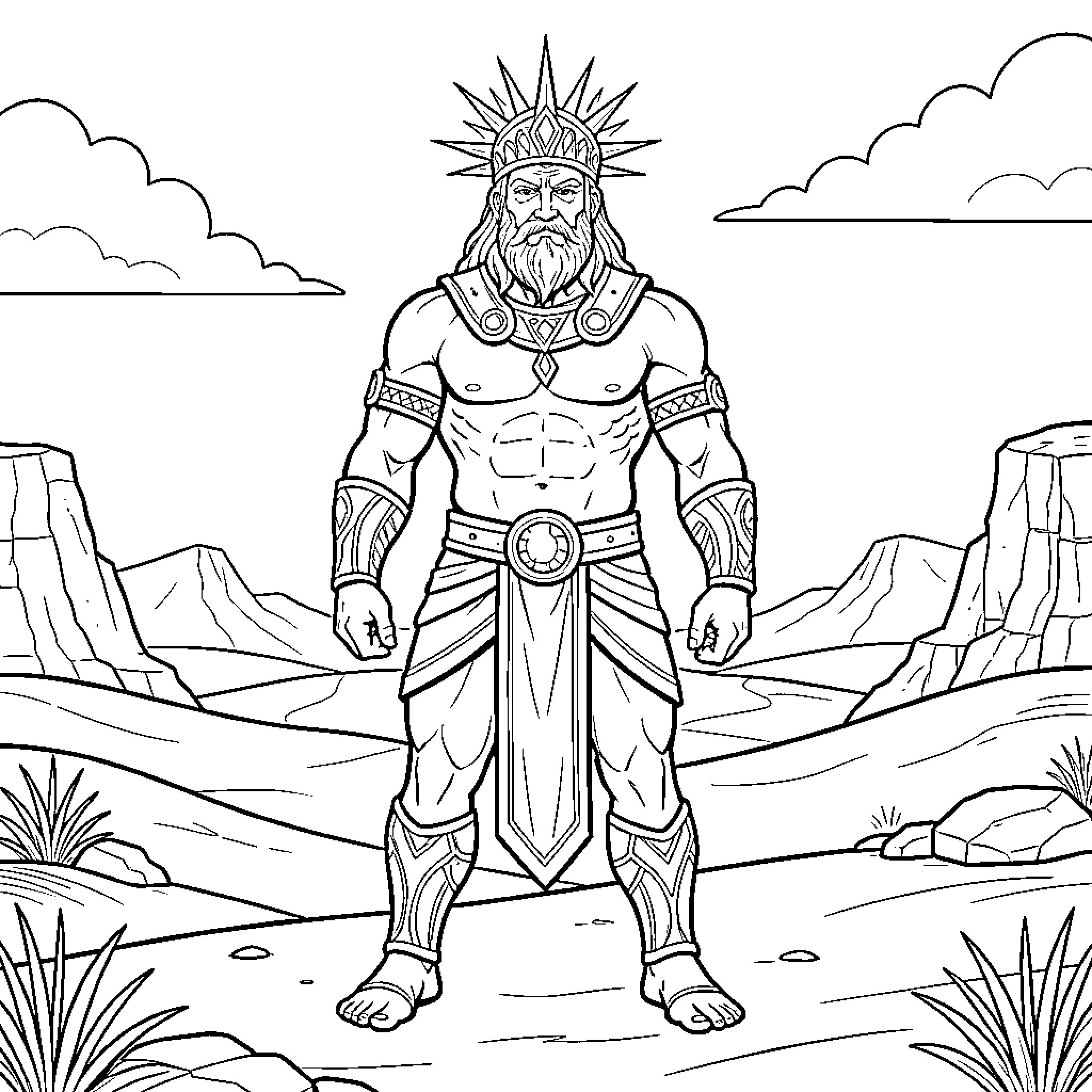 Baal, the Deity of Power and Divinity in the Desert Landscape Coloring Page (free black-and-white line drawing printable PDF for all, from beginners to advanced learners, including children, teens, adults, and seniors)
