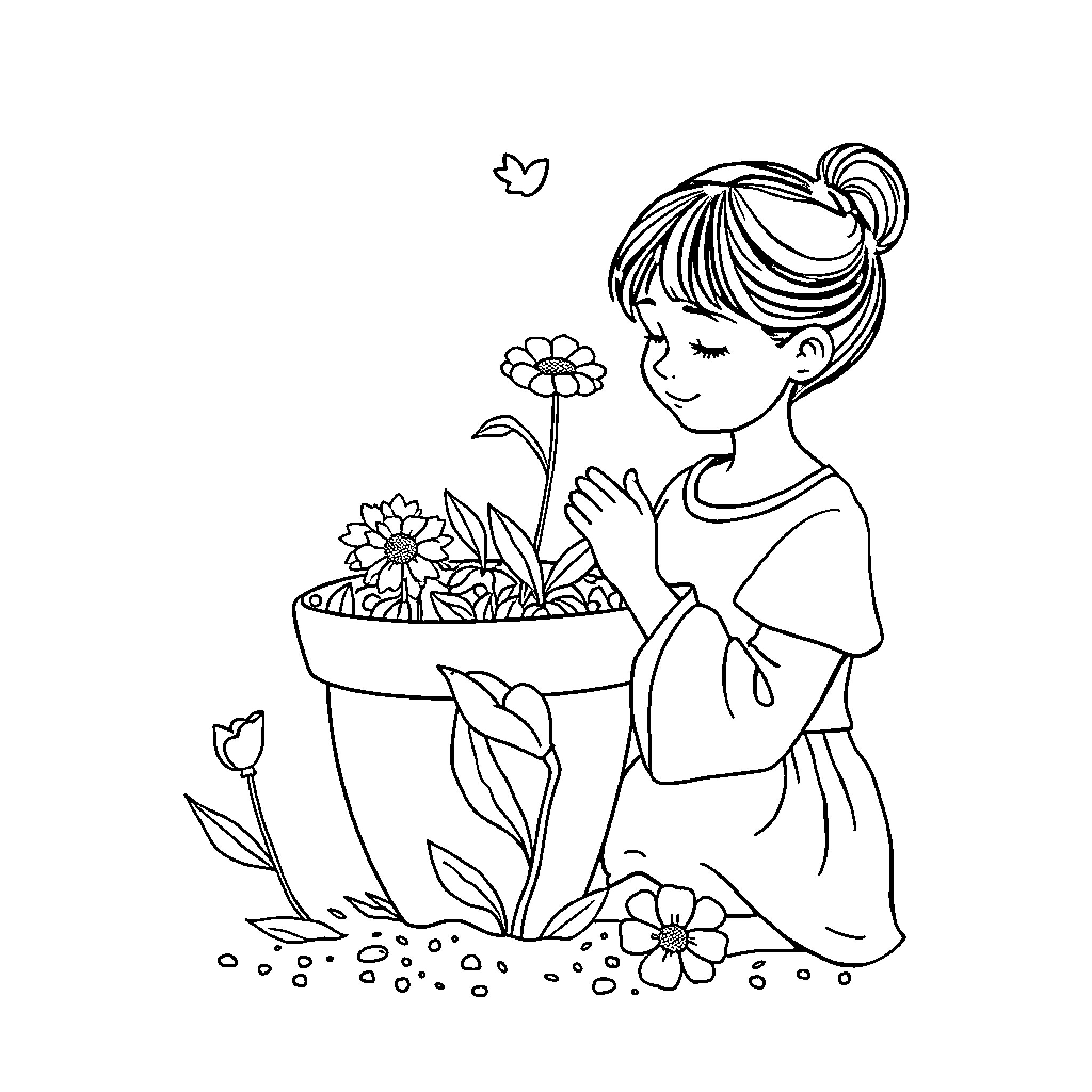 Nurture the Budding Blossoms: A Girl Tending to Potted Flowers Coloring Page (free black-and-white line drawing printable PDF for all, from beginners to advanced learners, including children, teens, adults, and seniors)
