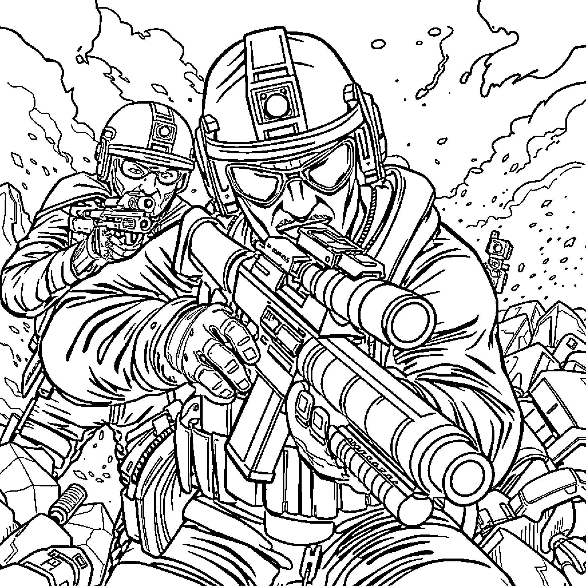 Call of Duty: Soldiers in Battle Gear Engaging Targets Coloring Page (free black-and-white line drawing printable PDF for all, from beginners to advanced learners, including children, teens, adults, and seniors)