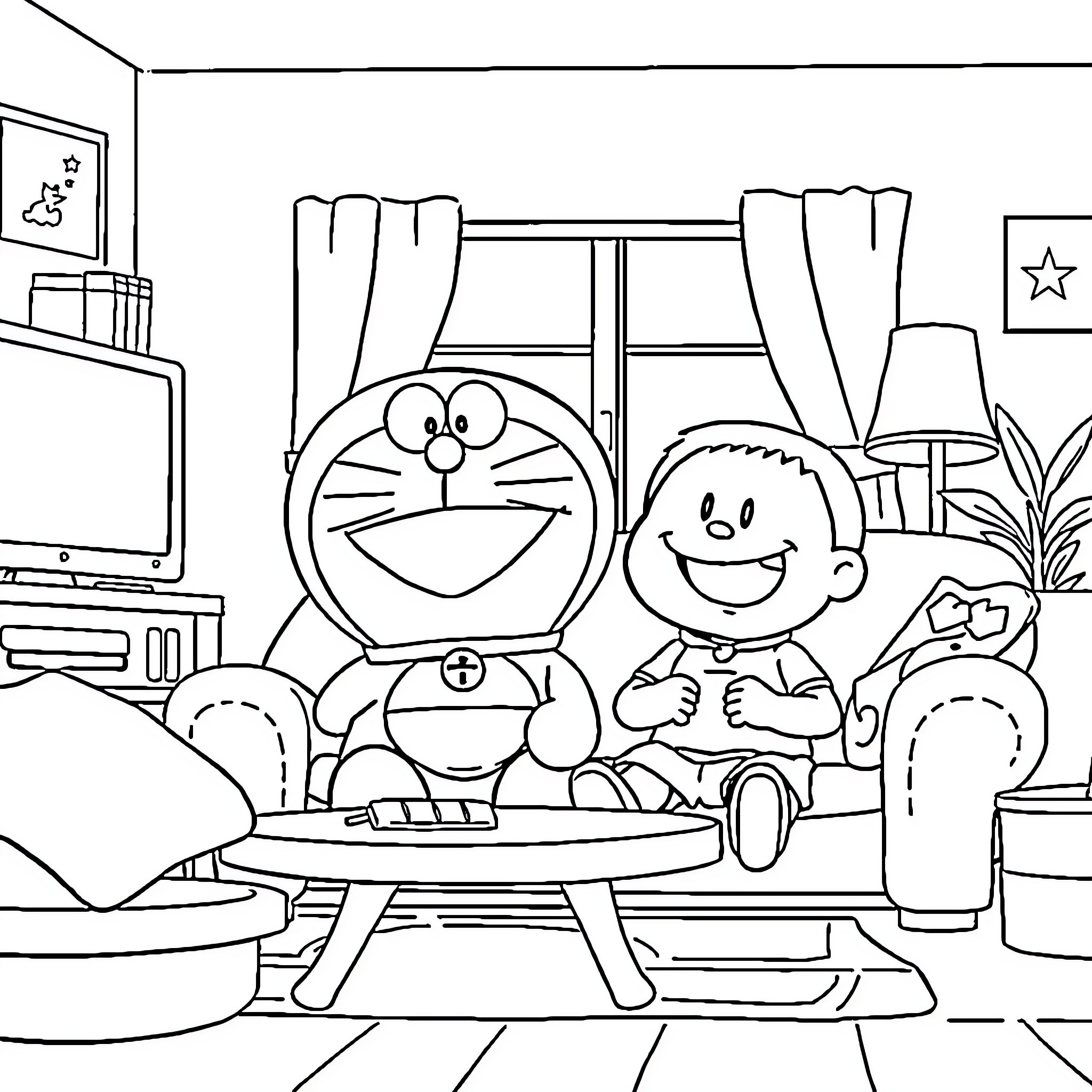 Doraemon and Nobita playing together in the room Coloring Page (free black-and-white line drawing printable PDF for all, from beginners to advanced learners, including children, teens, adults, and seniors)