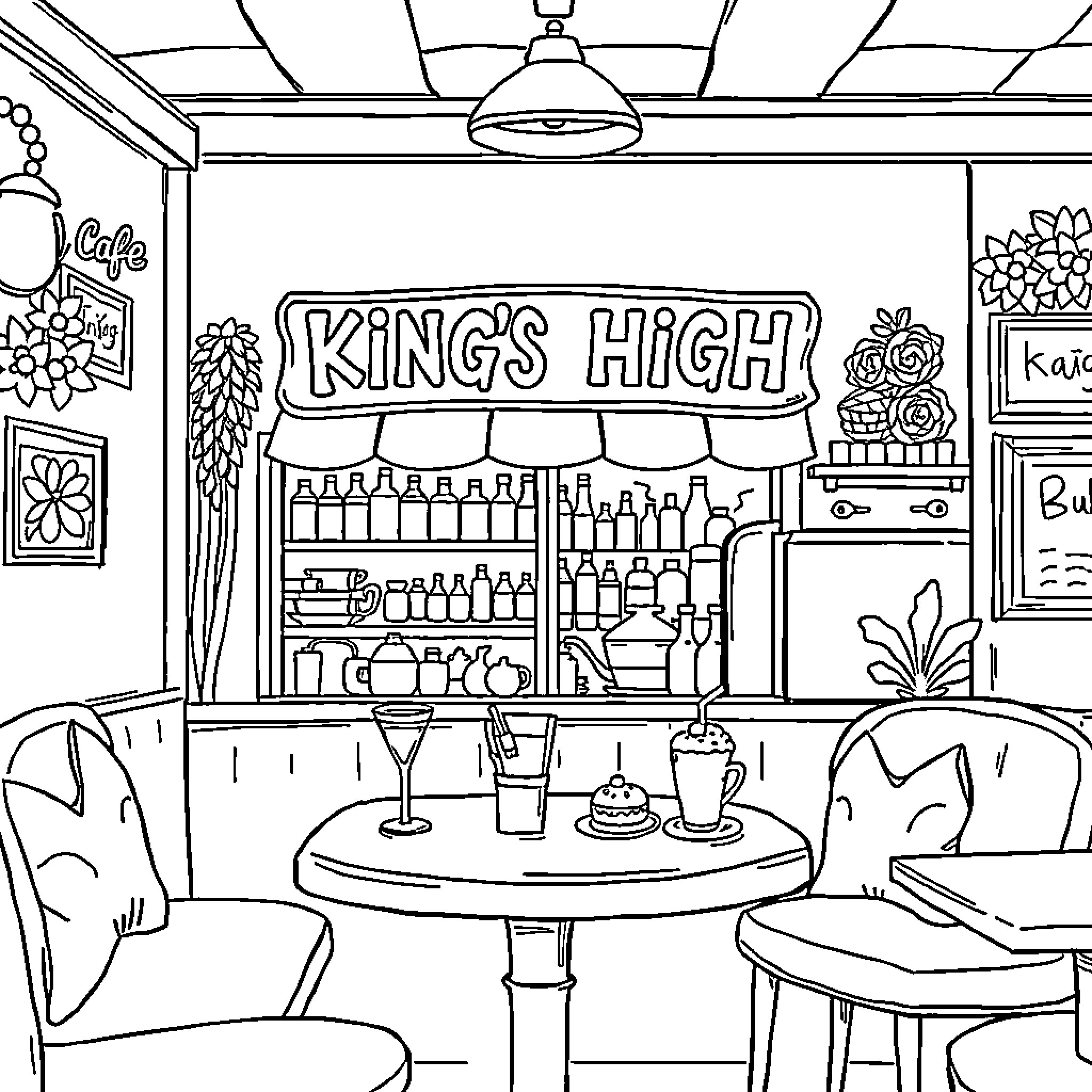Drink at the King's High Cafe Coloring Page (free black-and-white line drawing printable PDF for all, from beginners to advanced learners, including children, teens, adults, and seniors)