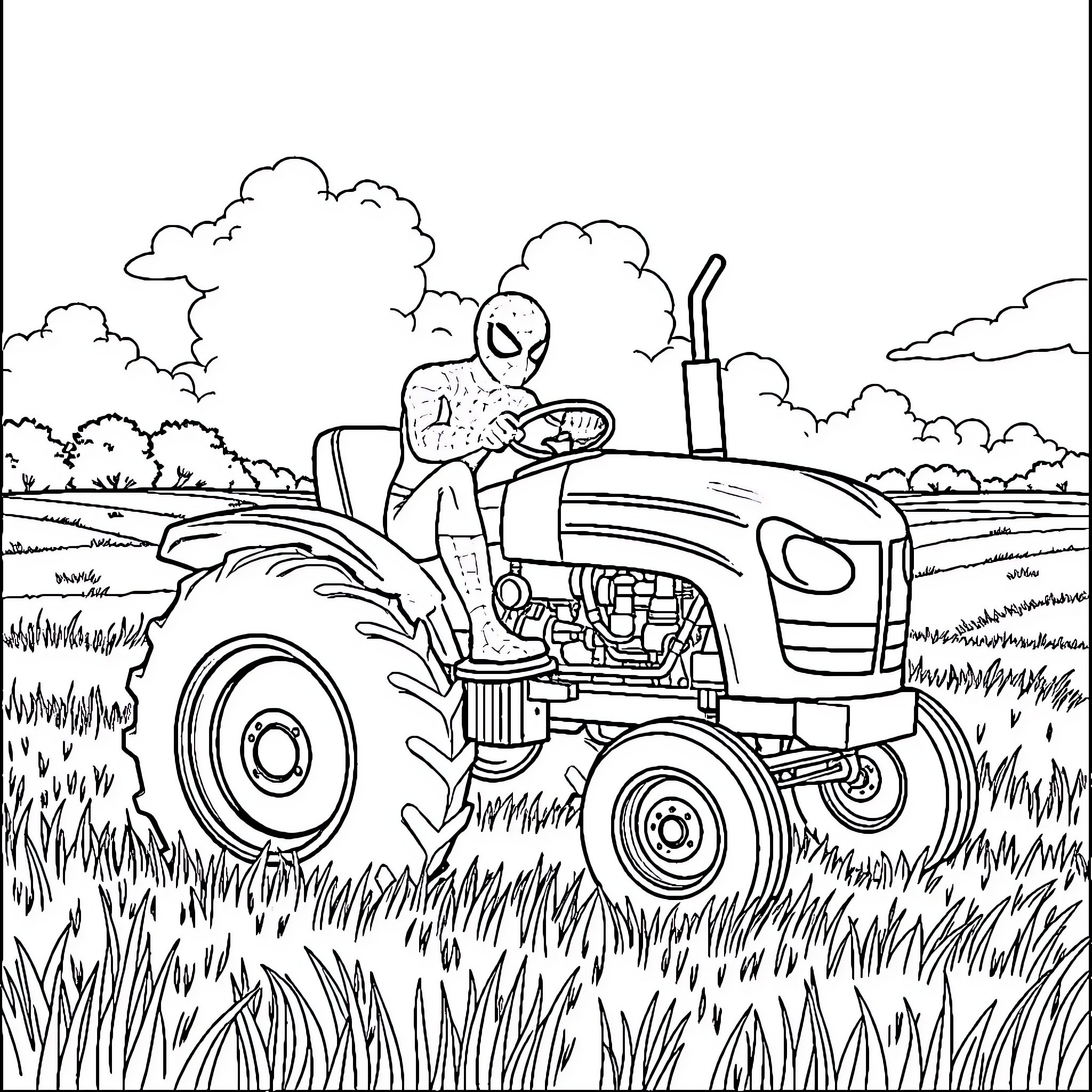 Spiderman riding a tractor in a field Coloring Page (free black-and-white line drawing printable PDF for all, from beginners to advanced learners, including children, teens, adults, and seniors)