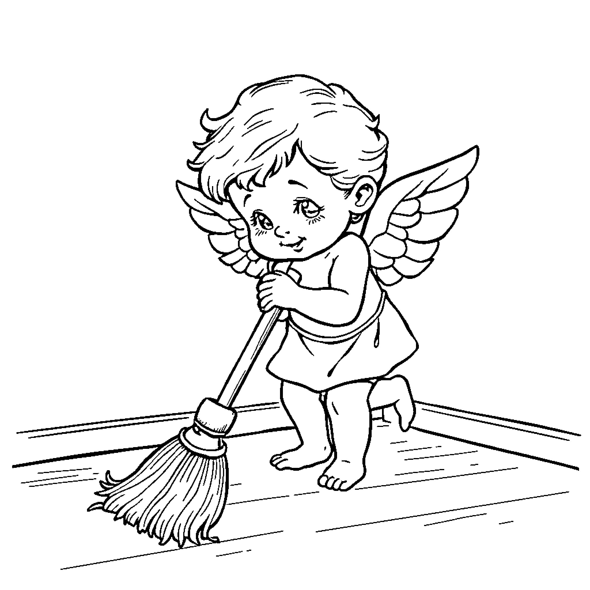 Cherub Helping with Chores Coloring Page (free black-and-white line drawing printable PDF for all, from beginners to advanced learners, including children, teens, adults, and seniors)