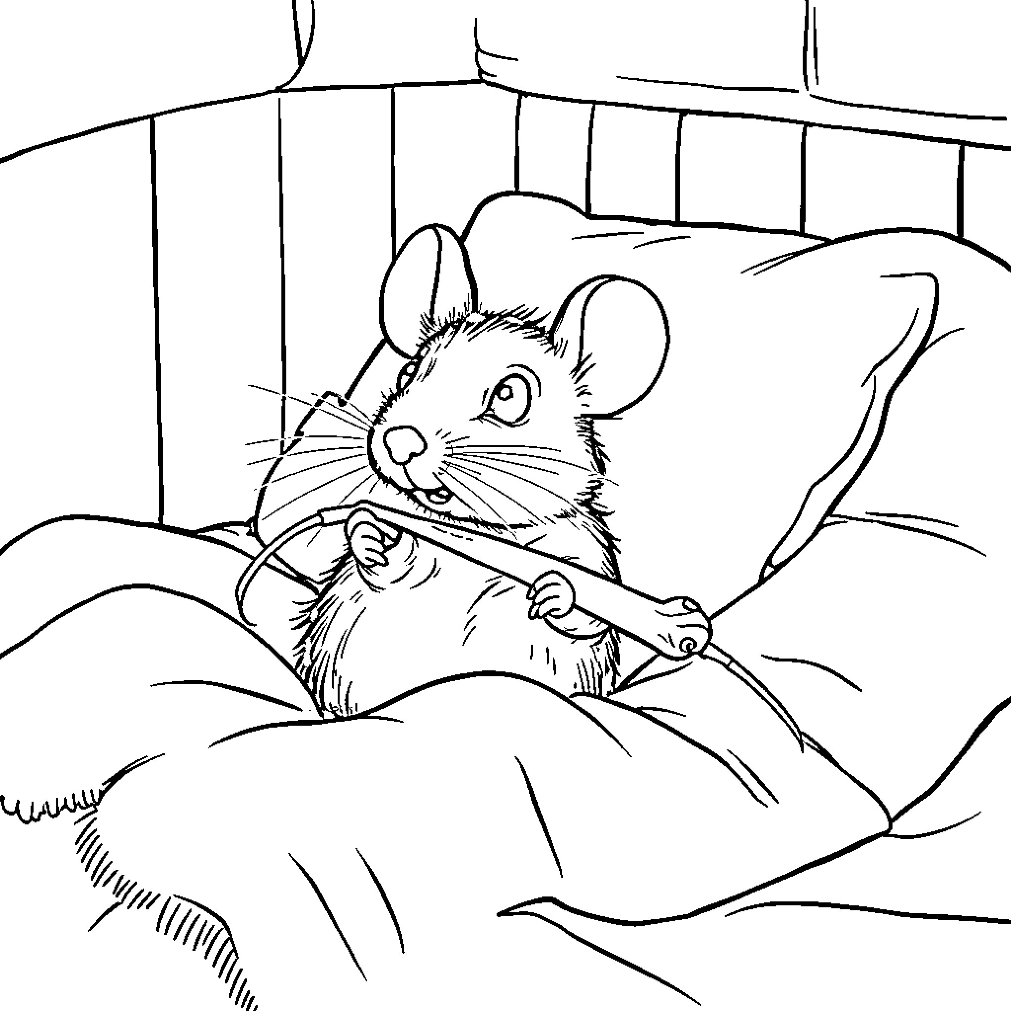 Mouse resting comfortably in cozy bed Coloring Page (free black-and-white line drawing printable PDF for all, from beginners to advanced learners, including children, teens, adults, and seniors)