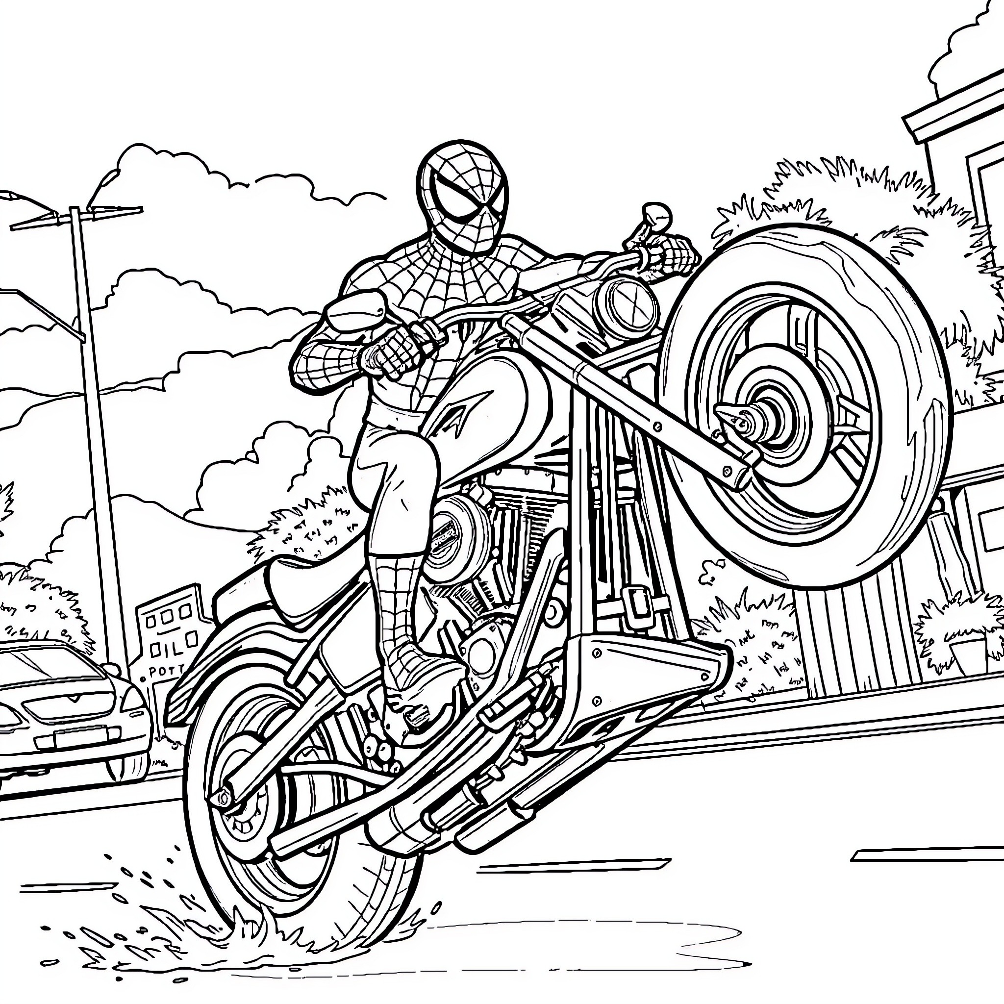 Spider-Man Riding a Motorcycle Through the City Coloring Page (free black-and-white line drawing printable PDF for all, from beginners to advanced learners, including children, teens, adults, and seniors)