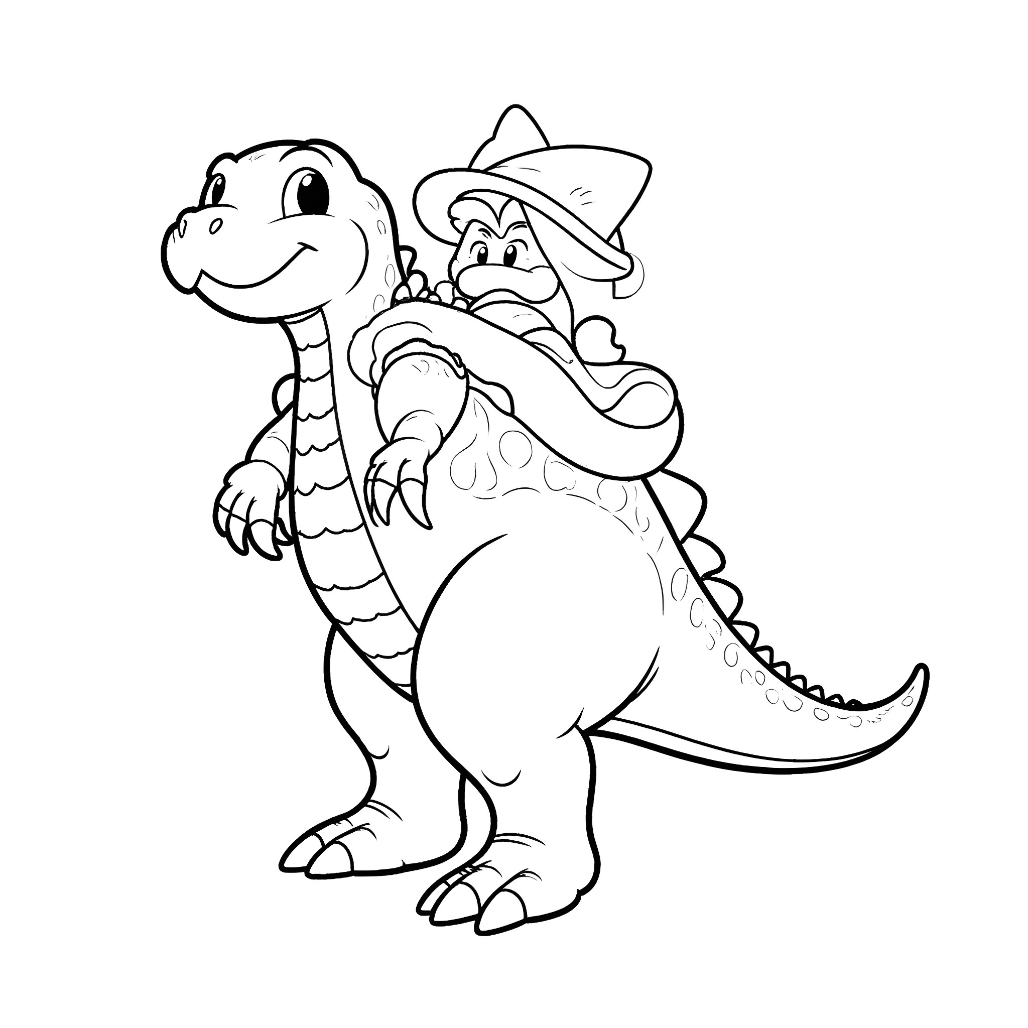 Bowser and Dinosaur Friends in Playful Poses Coloring Page (free black-and-white line drawing printable PDF for all, from beginners to advanced learners, including children, teens, adults, and seniors)
