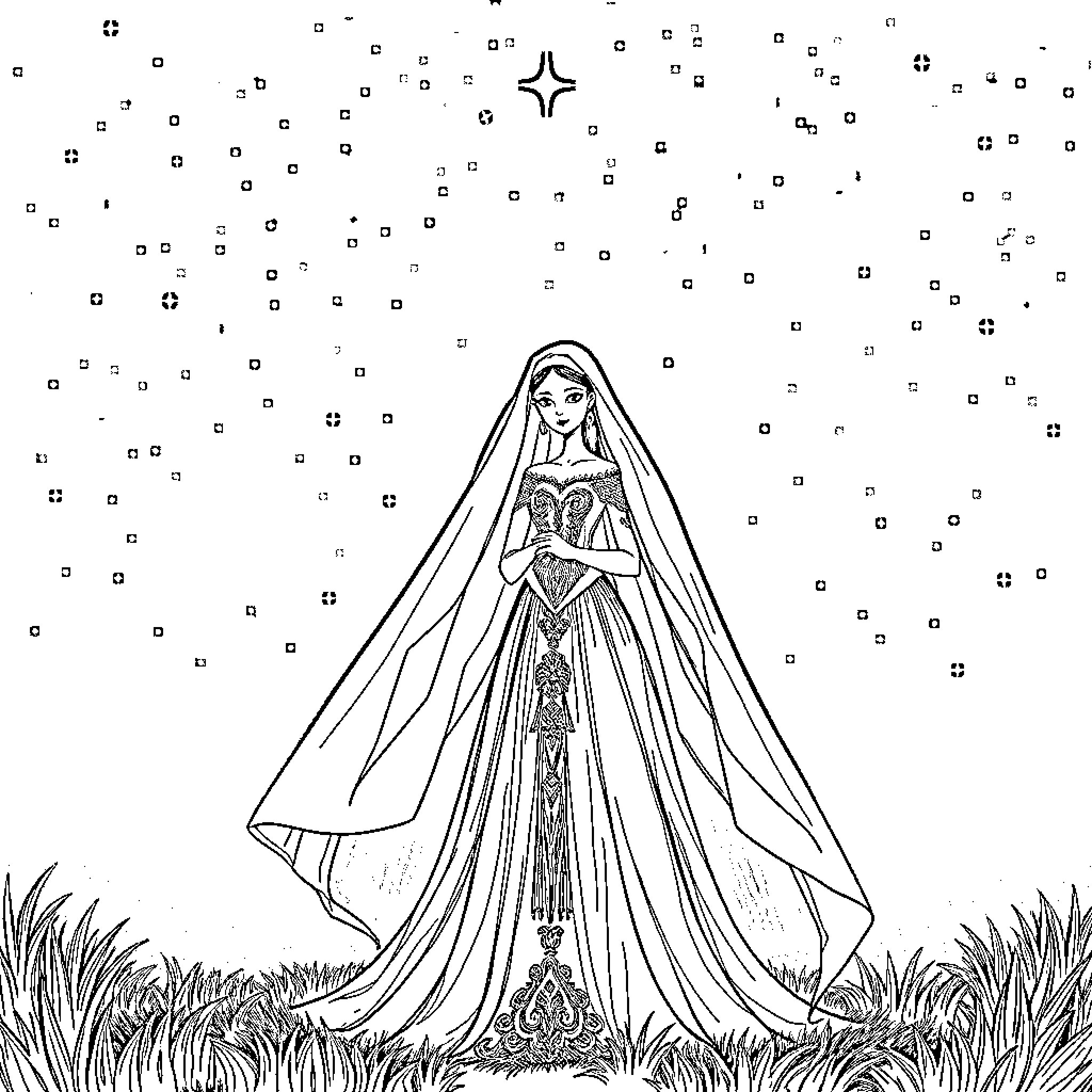 Bride in ornate wedding dress in starry night field Coloring Page (free black-and-white line drawing printable PDF for all, from beginners to advanced learners, including children, teens, adults, and seniors)