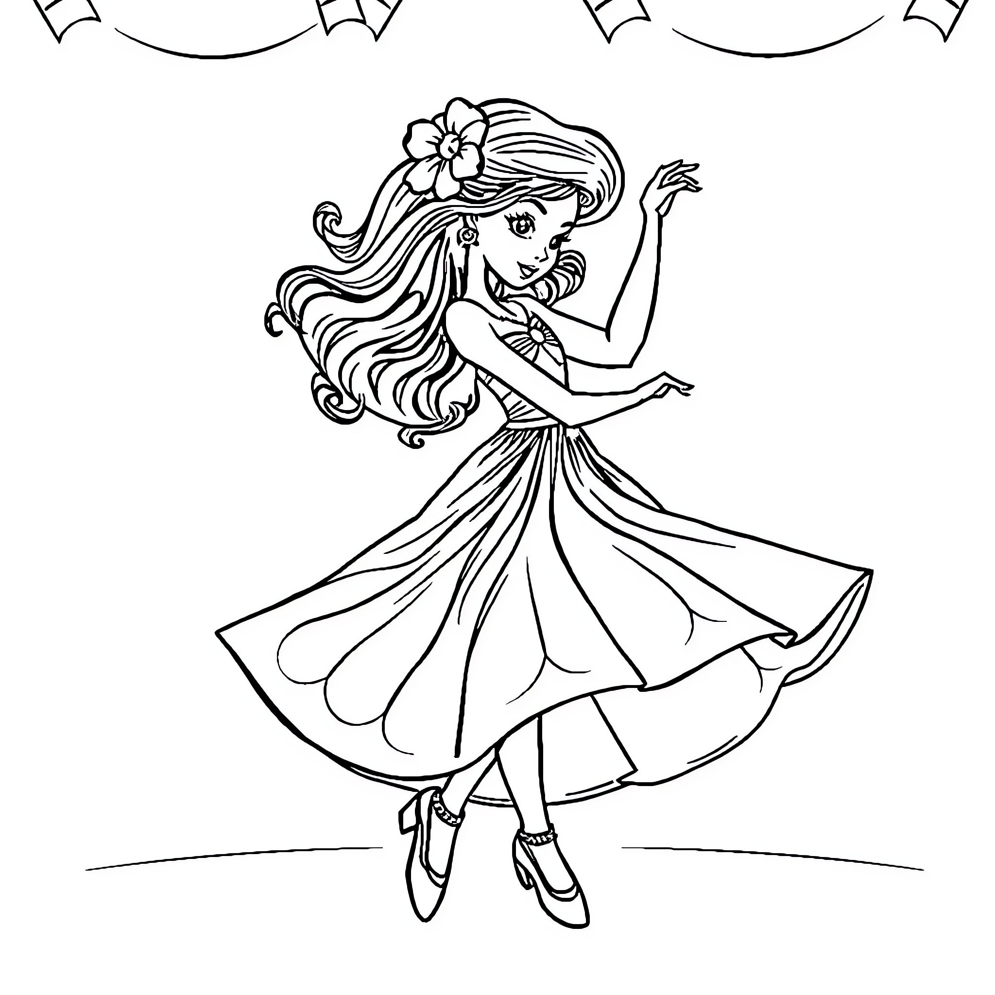 Miss Pastelitos dancing gracefully in her fancy dress Coloring Page (free black-and-white line drawing printable PDF for all, from beginners to advanced learners, including children, teens, adults, and seniors)