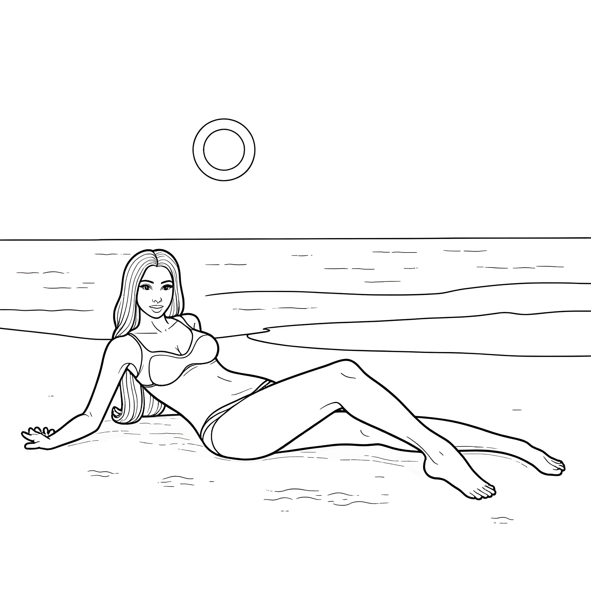 Unicorn woman relaxing on the beach Coloring Page (free black-and-white line drawing printable PDF for all, from beginners to advanced learners, including children, teens, adults, and seniors)