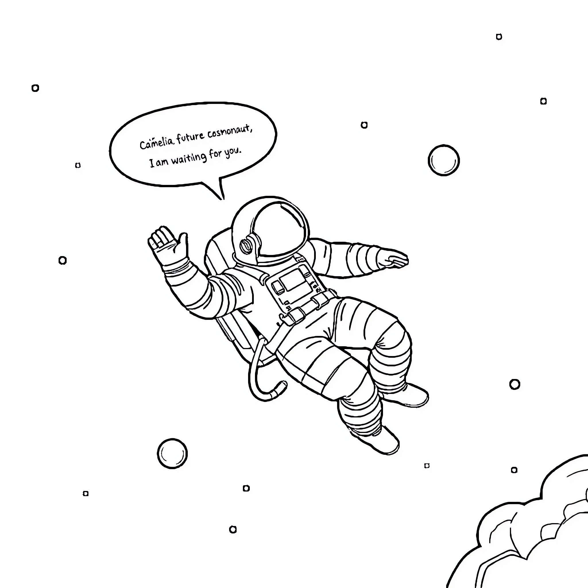 Astronaut floating in space with speech bubble Coloring Page (free black-and-white line drawing printable PDF for all, from beginners to advanced learners, including children, teens, adults, and seniors)
