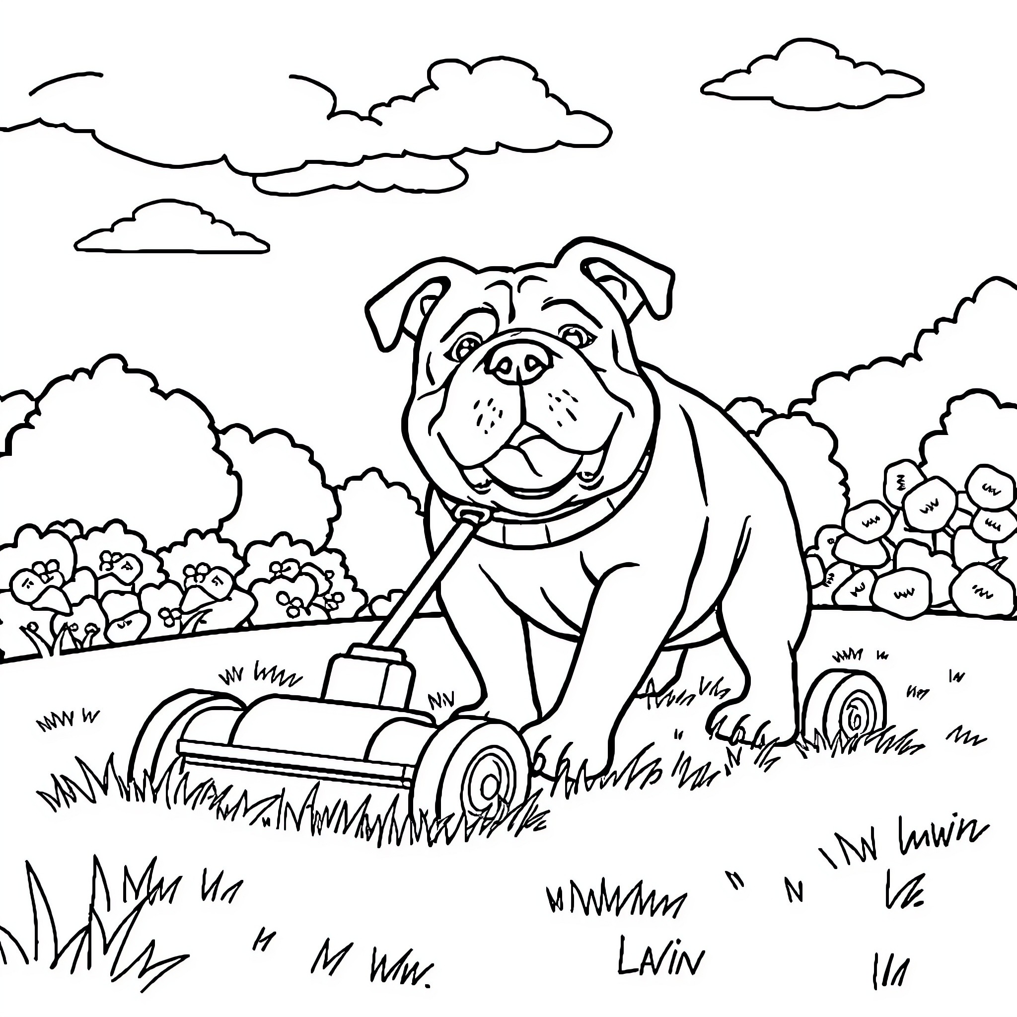 Bulldog happily mowing the lawn in the park Coloring Page (free black-and-white line drawing printable PDF for all, from beginners to advanced learners, including children, teens, adults, and seniors)