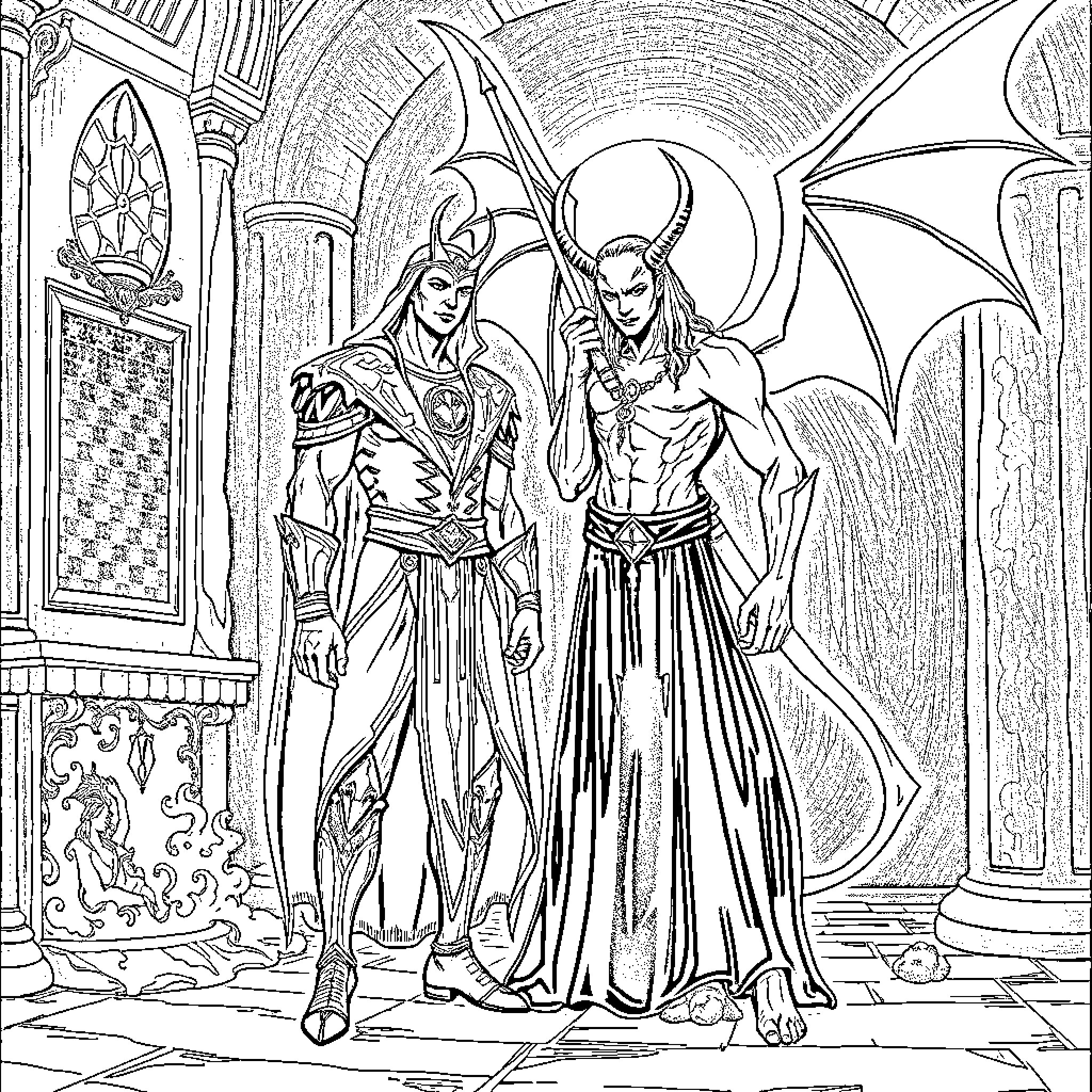 Alastor: Mythical Beings in Opulent Surroundings Coloring Page (free black-and-white line drawing printable PDF for all, from beginners to advanced learners, including children, teens, adults, and seniors)