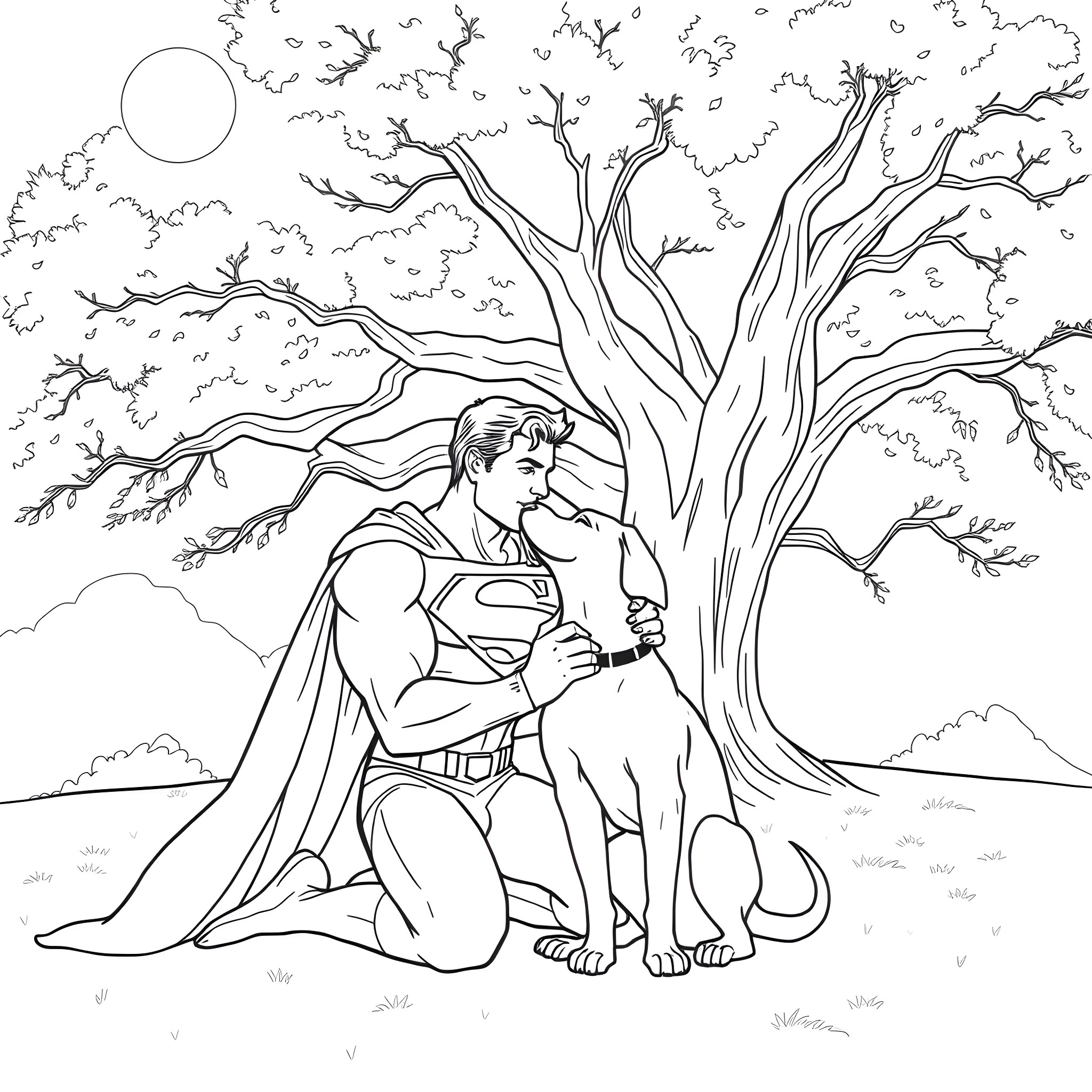 Superman and his loyal animal companion Coloring Page (free black-and-white line drawing printable PDF for all, from beginners to advanced learners, including children, teens, adults, and seniors)