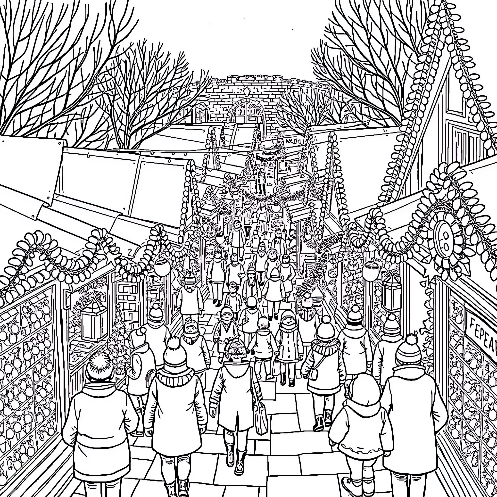 Market bustling with diverse crowd and intricate surroundings Coloring Page (free black-and-white line drawing printable PDF for all, from beginners to advanced learners, including children, teens, adults, and seniors)