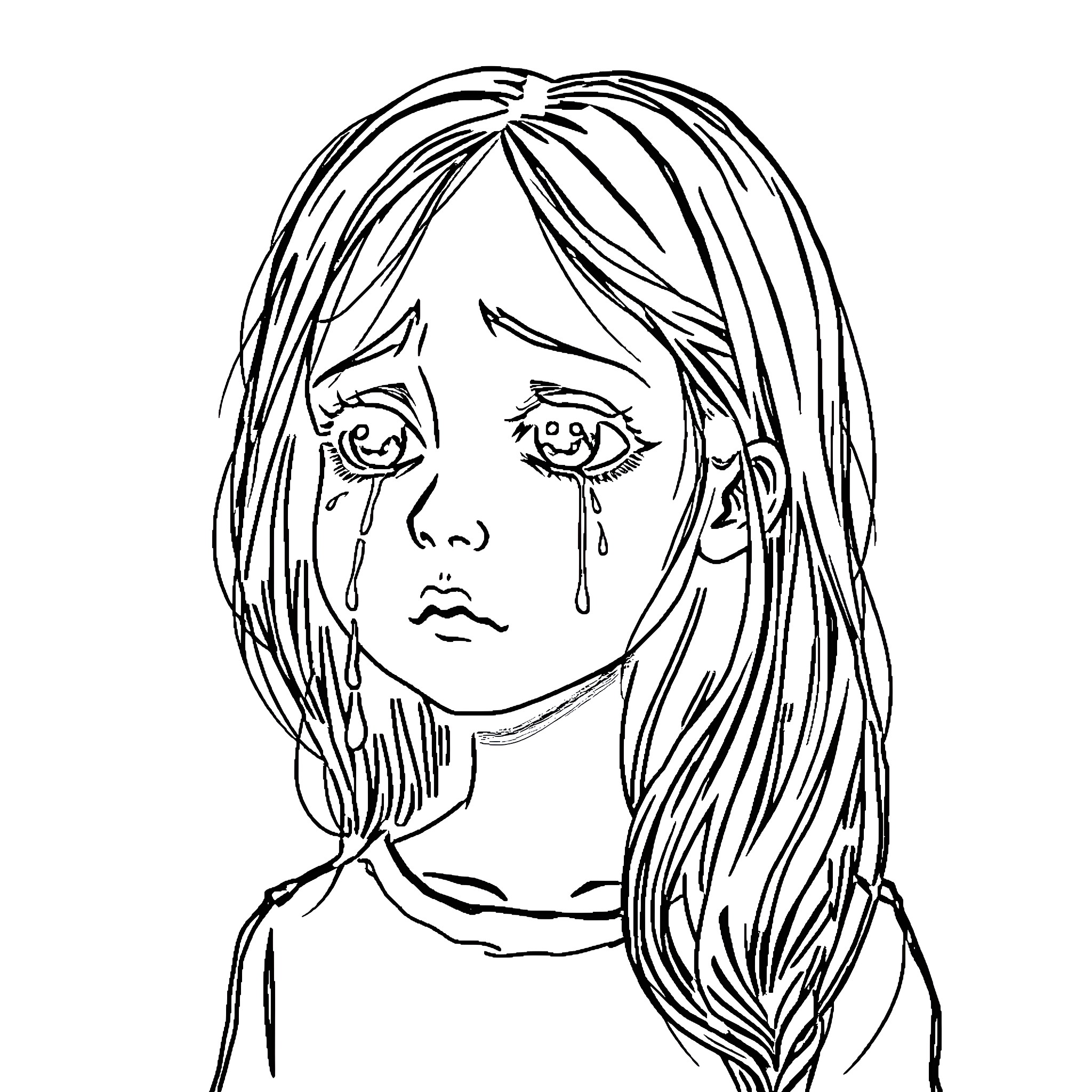 Girl with sad expression and tears Coloring Page (free black-and-white line drawing printable PDF for all, from beginners to advanced learners, including children, teens, adults, and seniors)