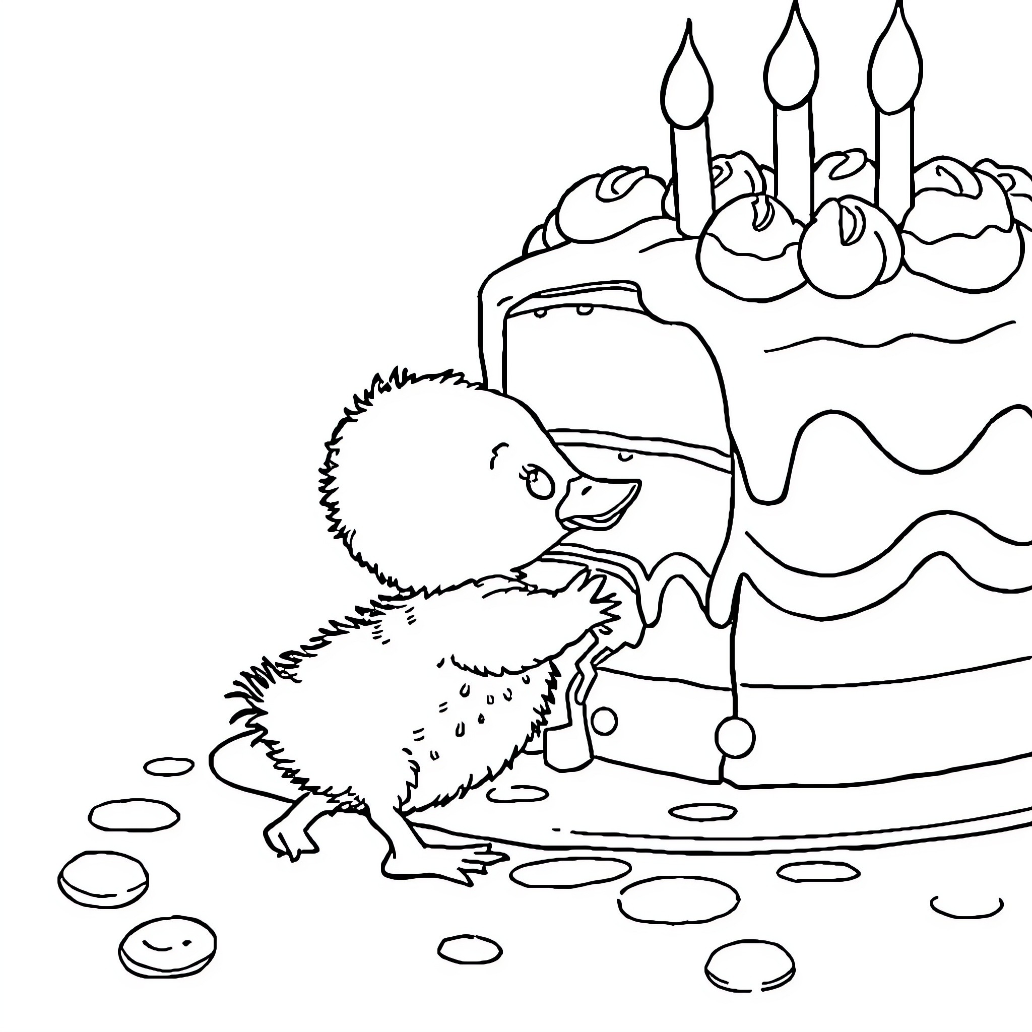 Duck celebrating birthday with cake and candles Coloring Page (free black-and-white line drawing printable PDF for all, from beginners to advanced learners, including children, teens, adults, and seniors)