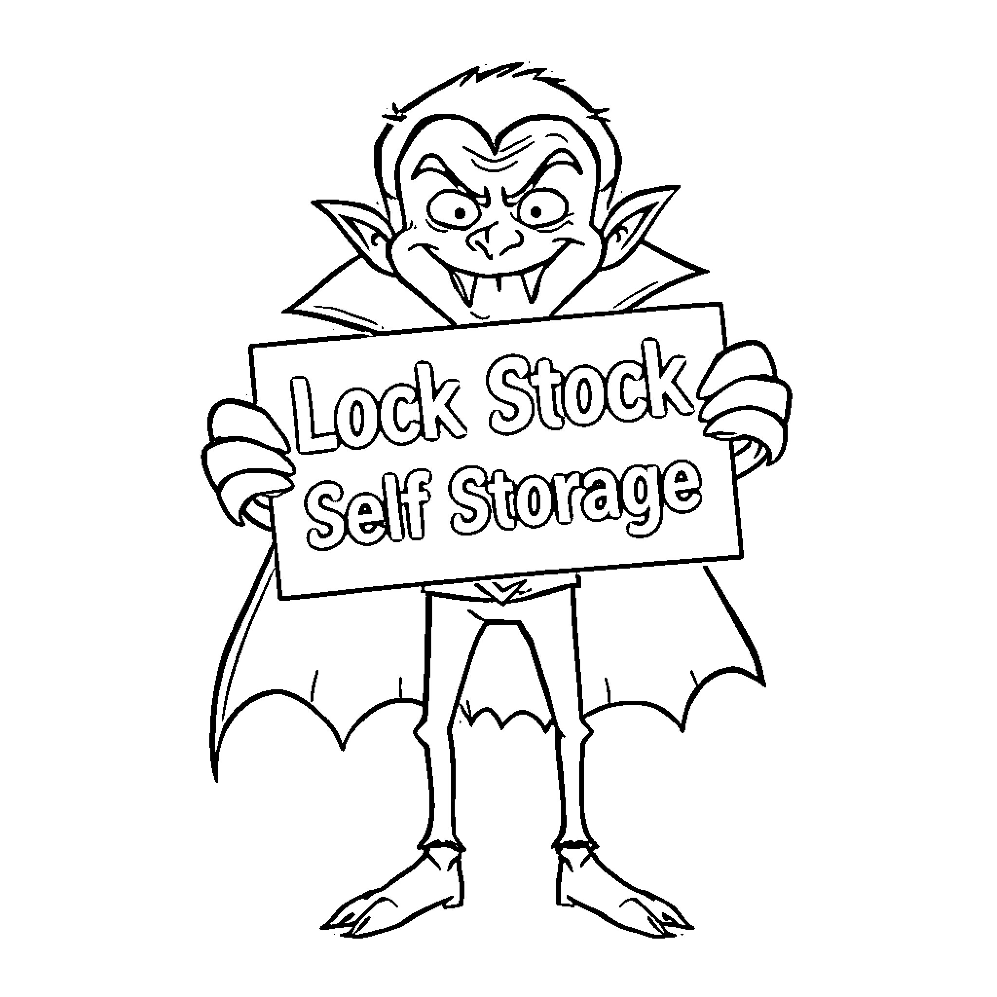 Vampire character advertising self-storage services Coloring Page (free black-and-white line drawing printable PDF for all, from beginners to advanced learners, including children, teens, adults, and seniors)