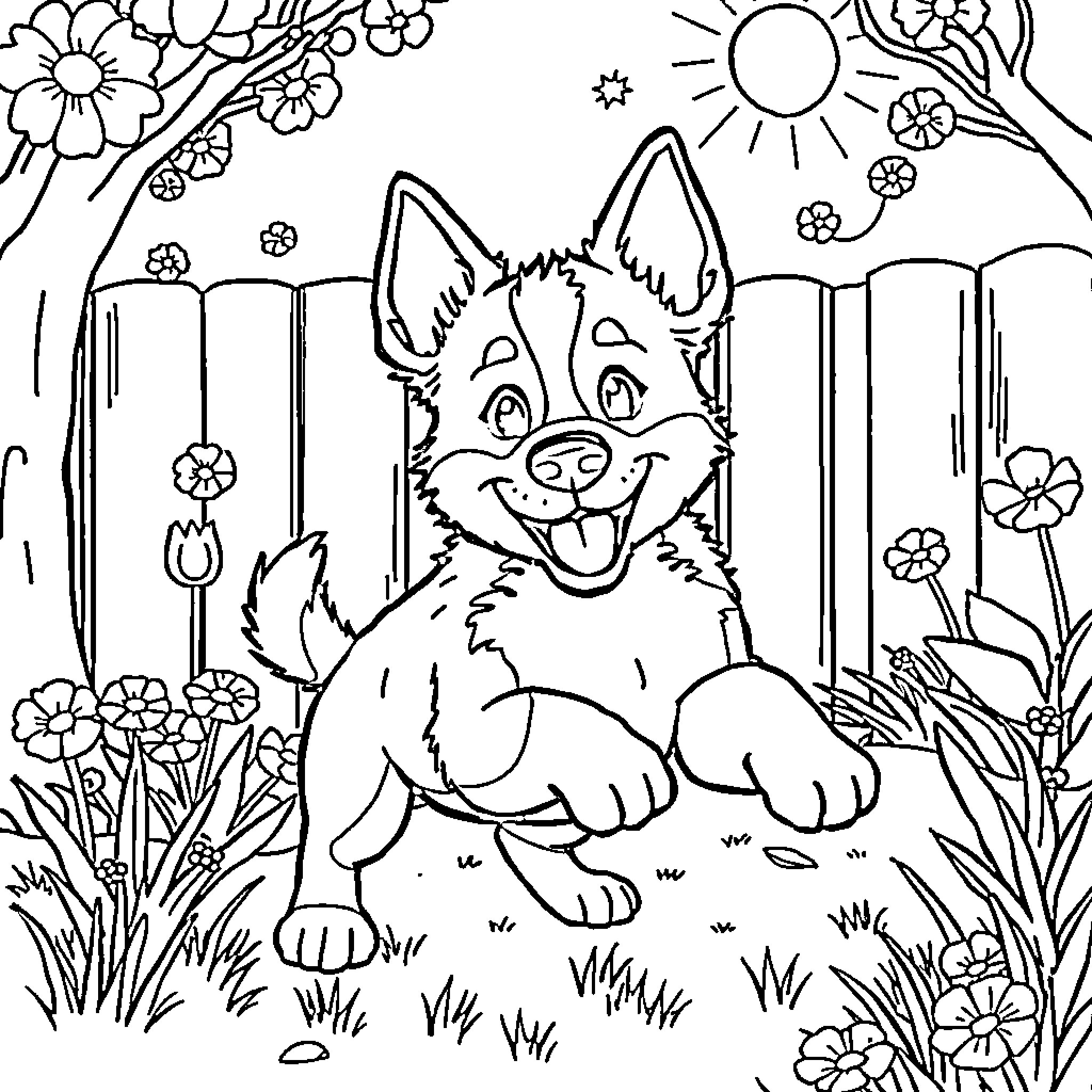 Bluey enjoying the garden with flowers and sunshine Coloring Page (free black-and-white line drawing printable PDF for all, from beginners to advanced learners, including children, teens, adults, and seniors)